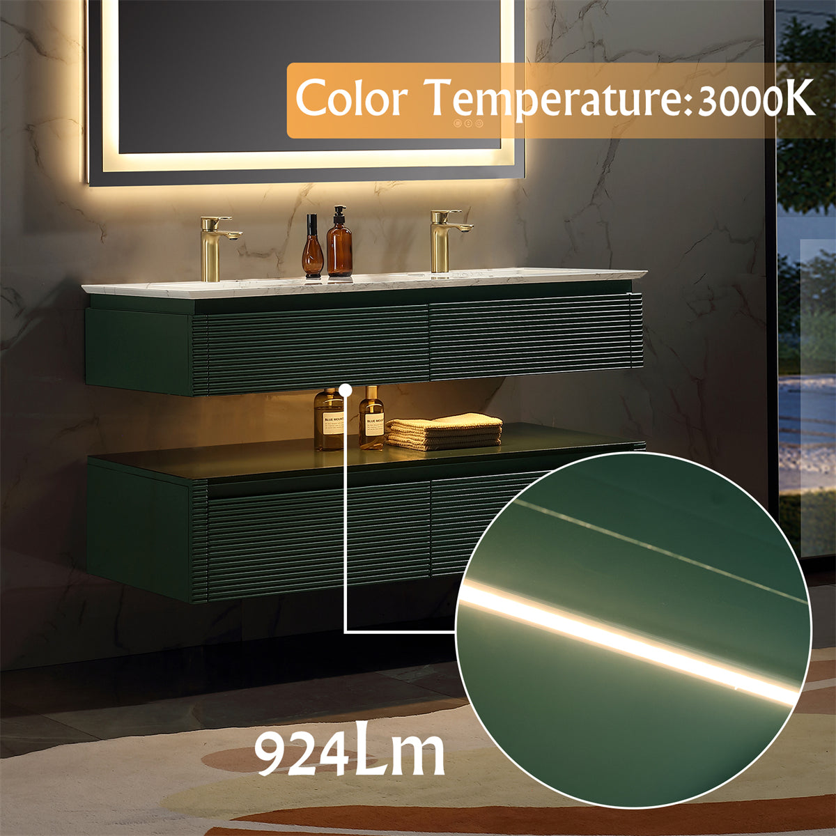 48" Floating Bathroom Vanity Set in Green with LED Light and White Engineered Marble Top with Double Basins