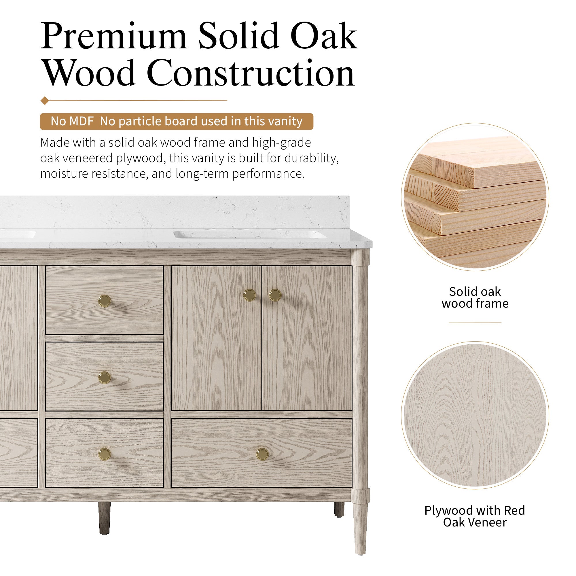 60-Inch Freestanding Oak Bathroom Vanity with Carrara White Quartz Top Double Sinks