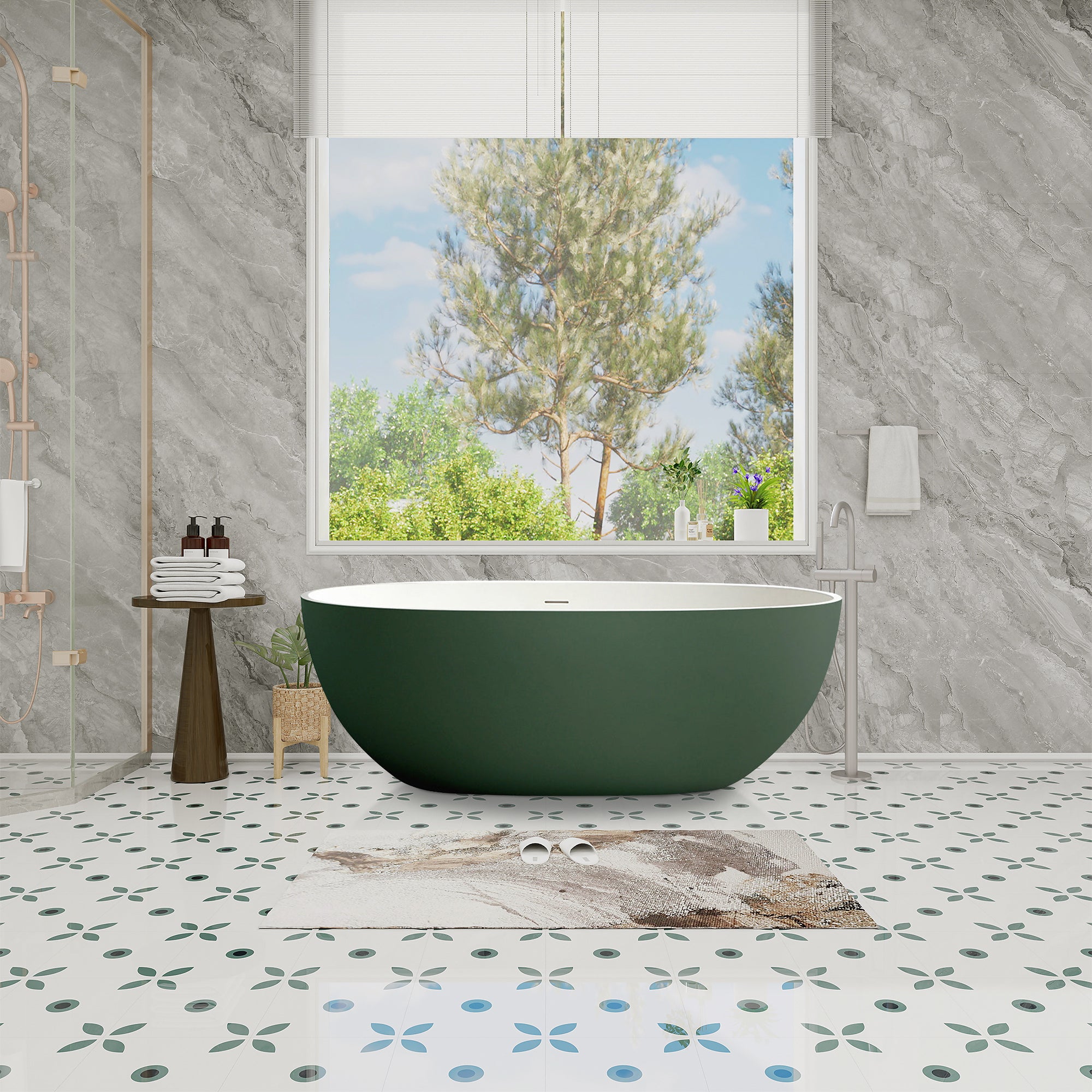 65" Stone Resin Solid Surface Flatbottom Free-Standing Bathtub Inside White Outside Green