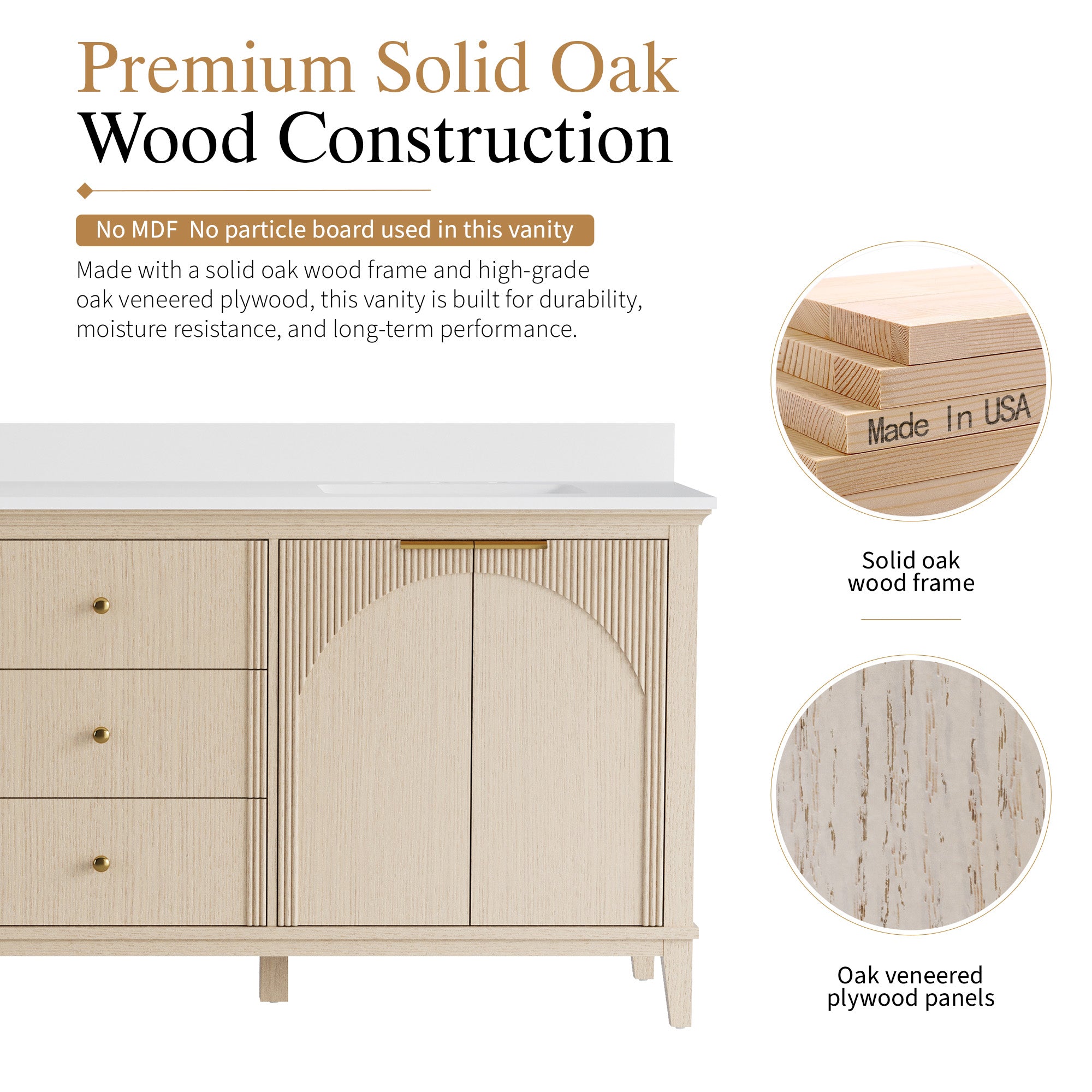 80 Inch Modern Light Oak Solid Wood Bathroom Vanity with White Quartz Countertop & 3 Soft-Close Drawers