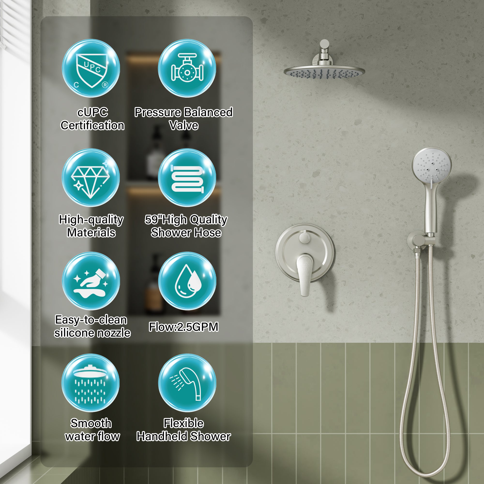 9inch/ 10inch/ 12inch 2-Spray Patterns with 1.8 GPM Wall Mount Dual Shower Heads with Hand Shower