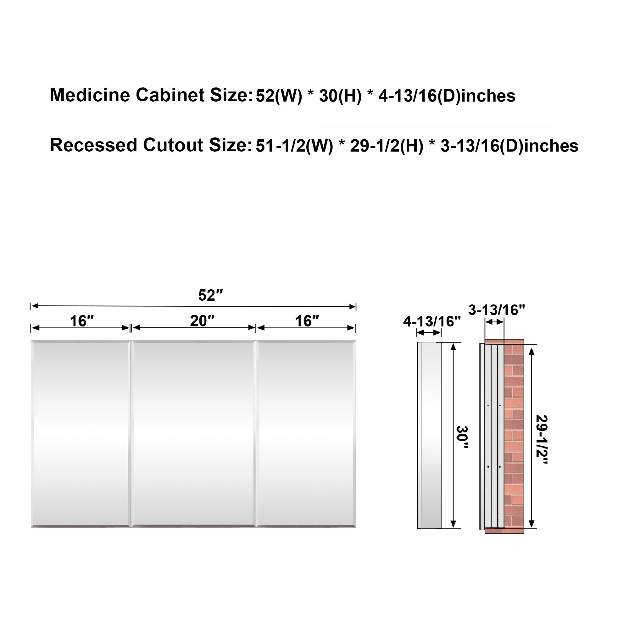 52 in.×30 in.H Aluminum Copper-Free Mirror Medicine Cabinet with Beveled Mirror Door, Recessed or Surface Mount, Adjustable Shelves