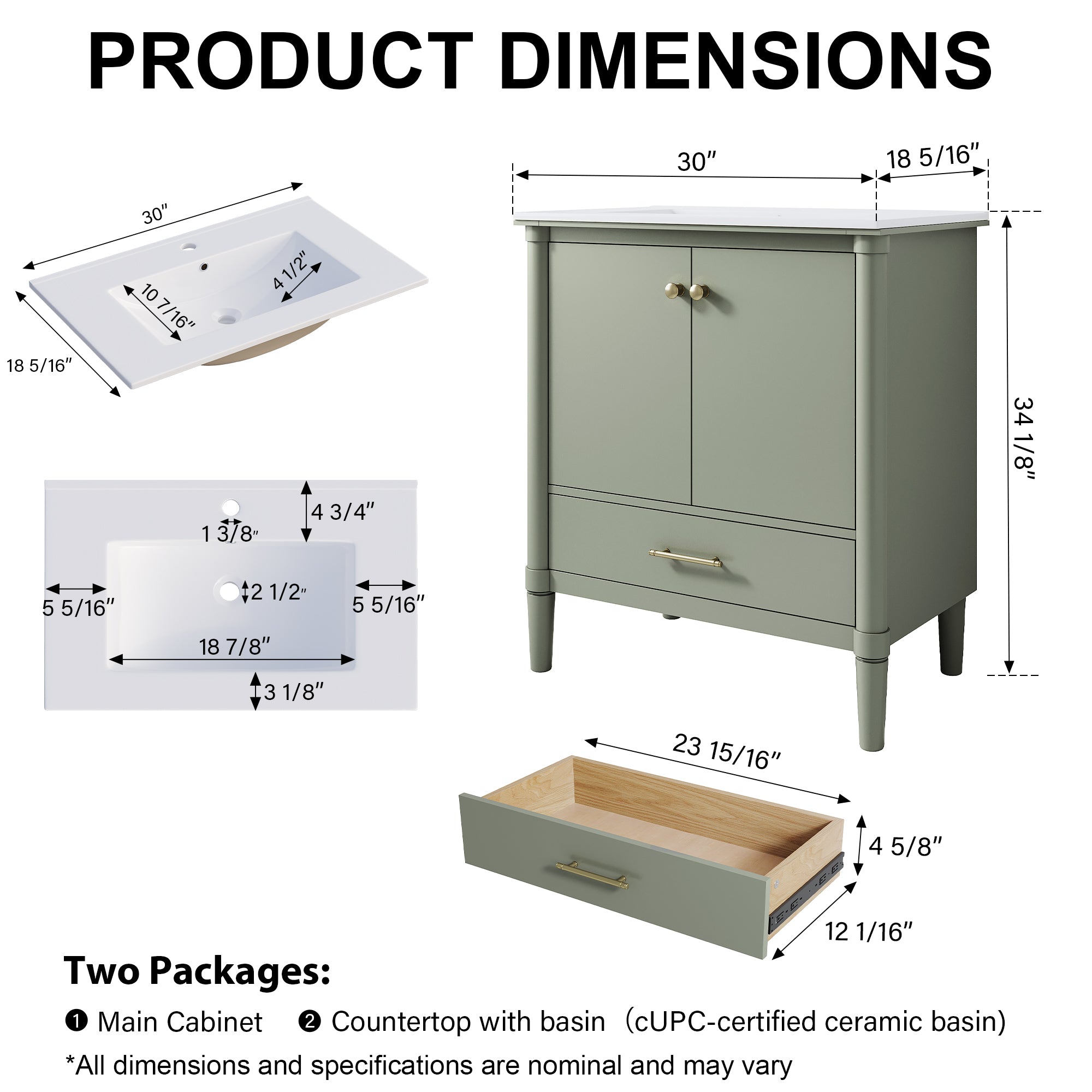 30 inch Solid Wood Freestanding Bathroom Vanity with Single Sink and Soft-Closing Doors, Green