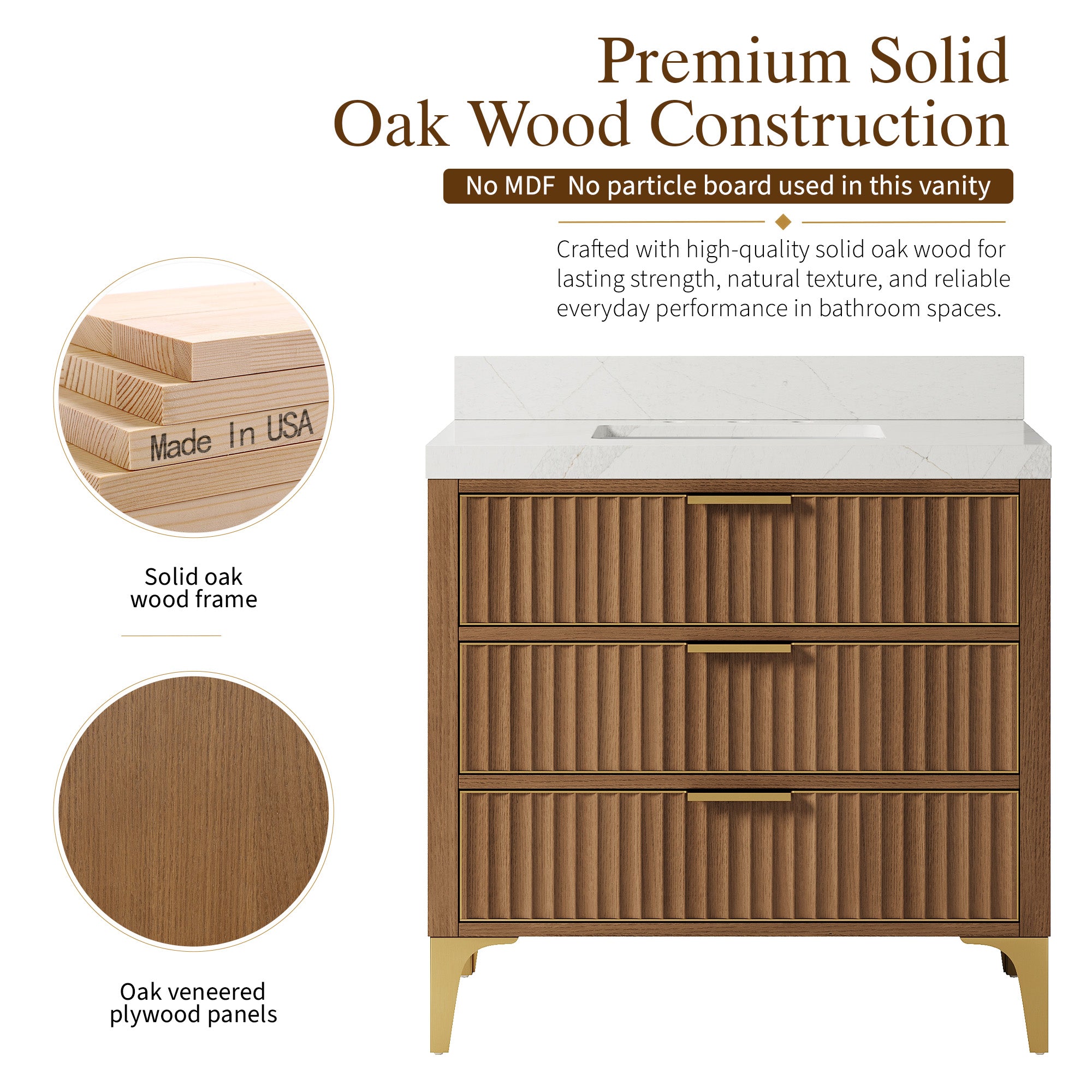 36 Inch Luxury Solid Oak Bathroom Vanity with Calacatta Quartz Countertop & Brushed Gold Stainless Steel Trim and Legs