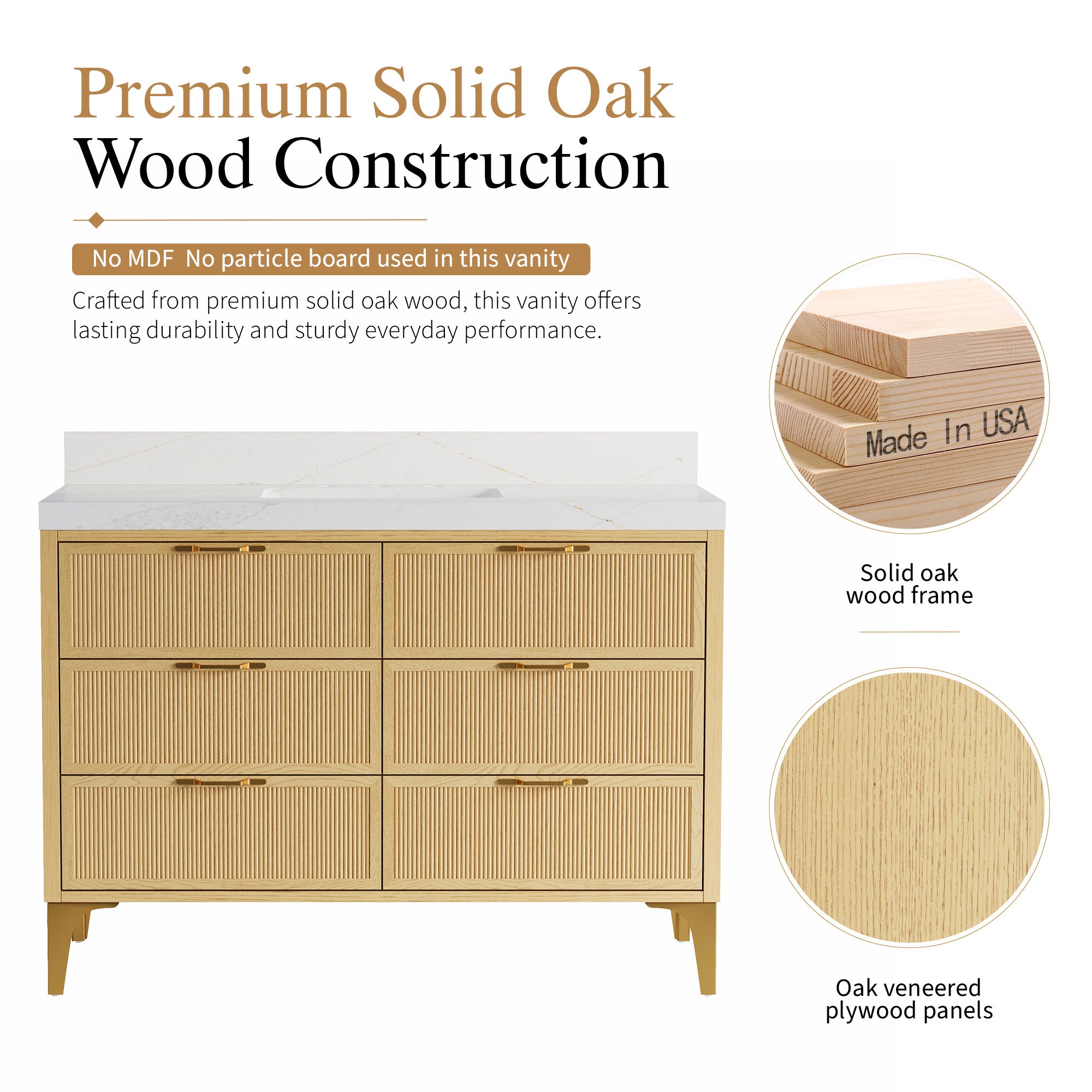 48 Inch Modern Solid Oak Bathroom Vanity with Calacatta Quartz Countertop, 6 Fluted Drawers & Brushed Gold Legs
