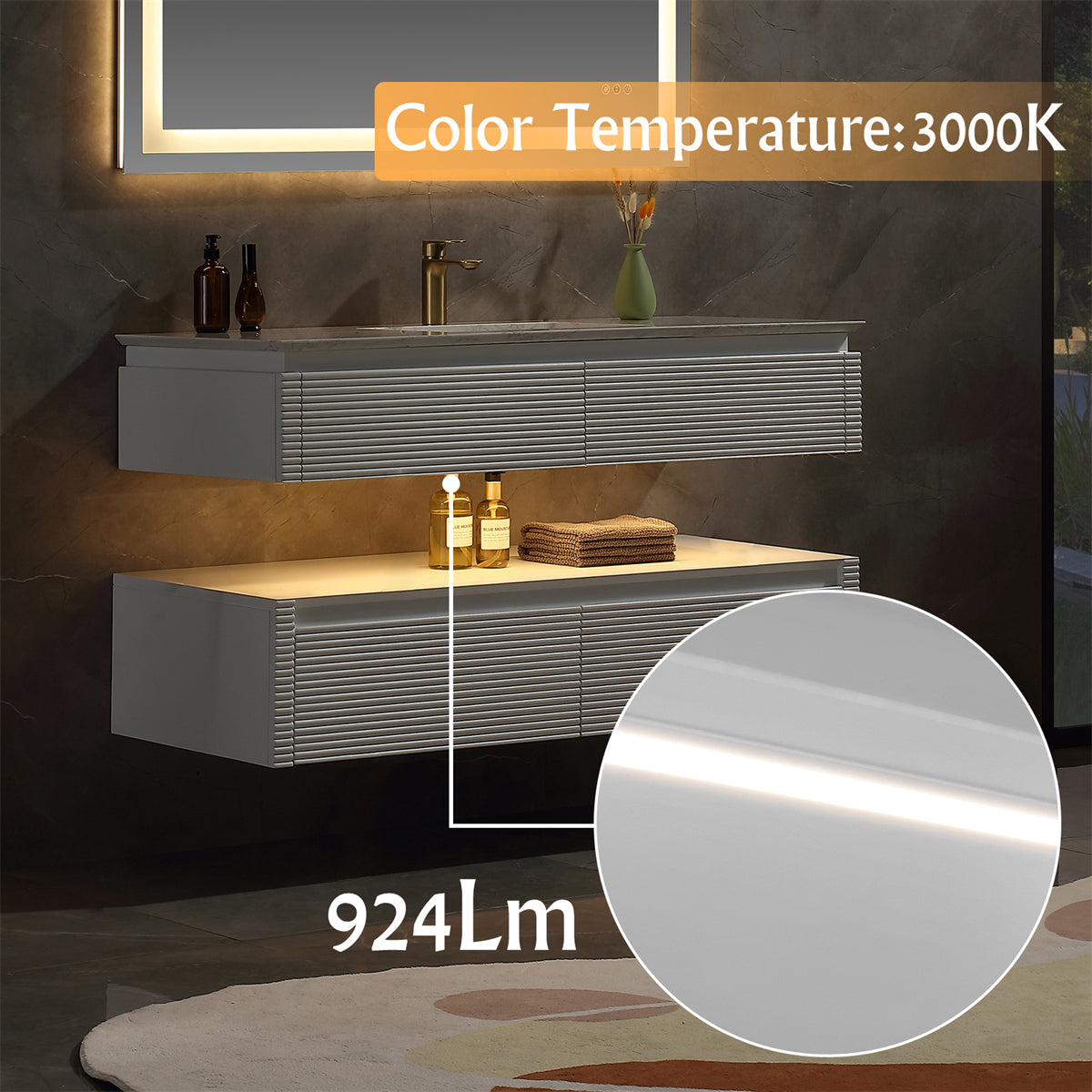 48" Floating Bathroom Vanity Set in White with LED Light and White Engineered Marble Top with Single Basins