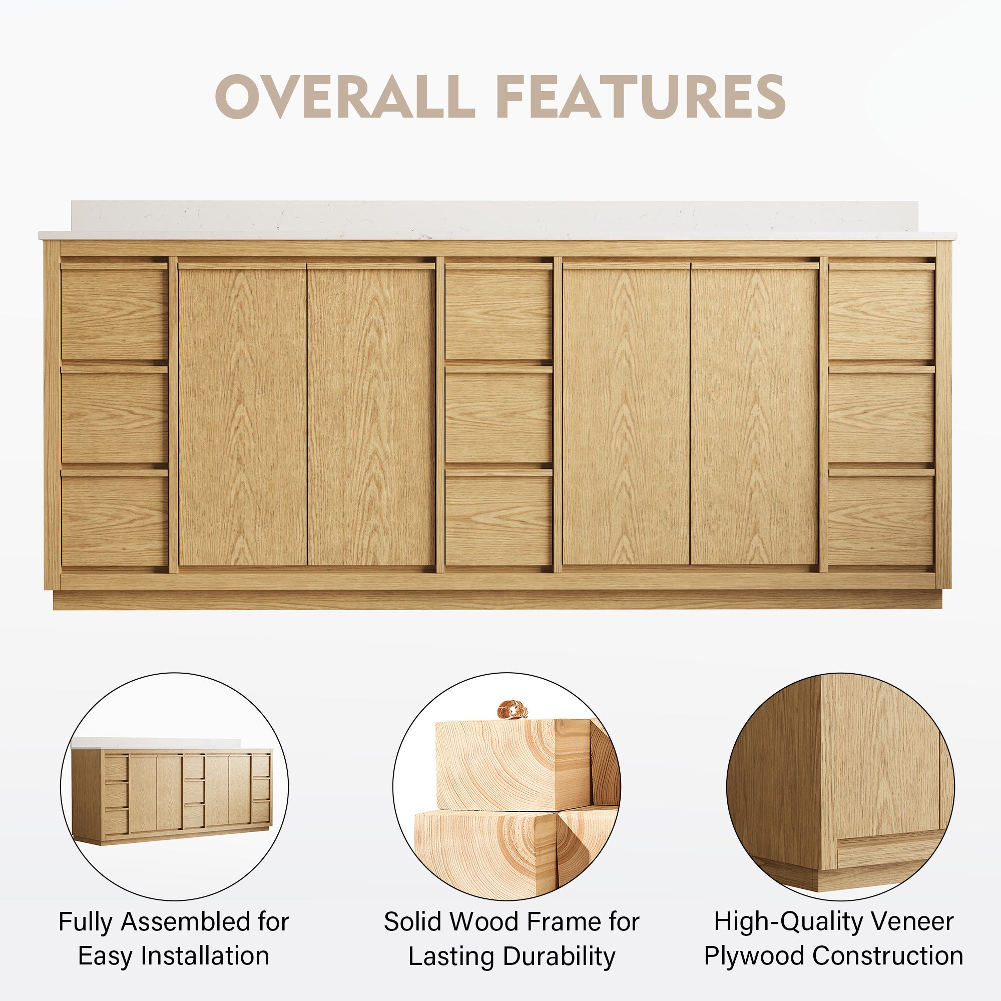 84 Inch Oak Soild Wood Bathroom Vanity with Double Undermount Sinks, 9 Dovetail-constructed Drawers and 4 Soft-close Doors