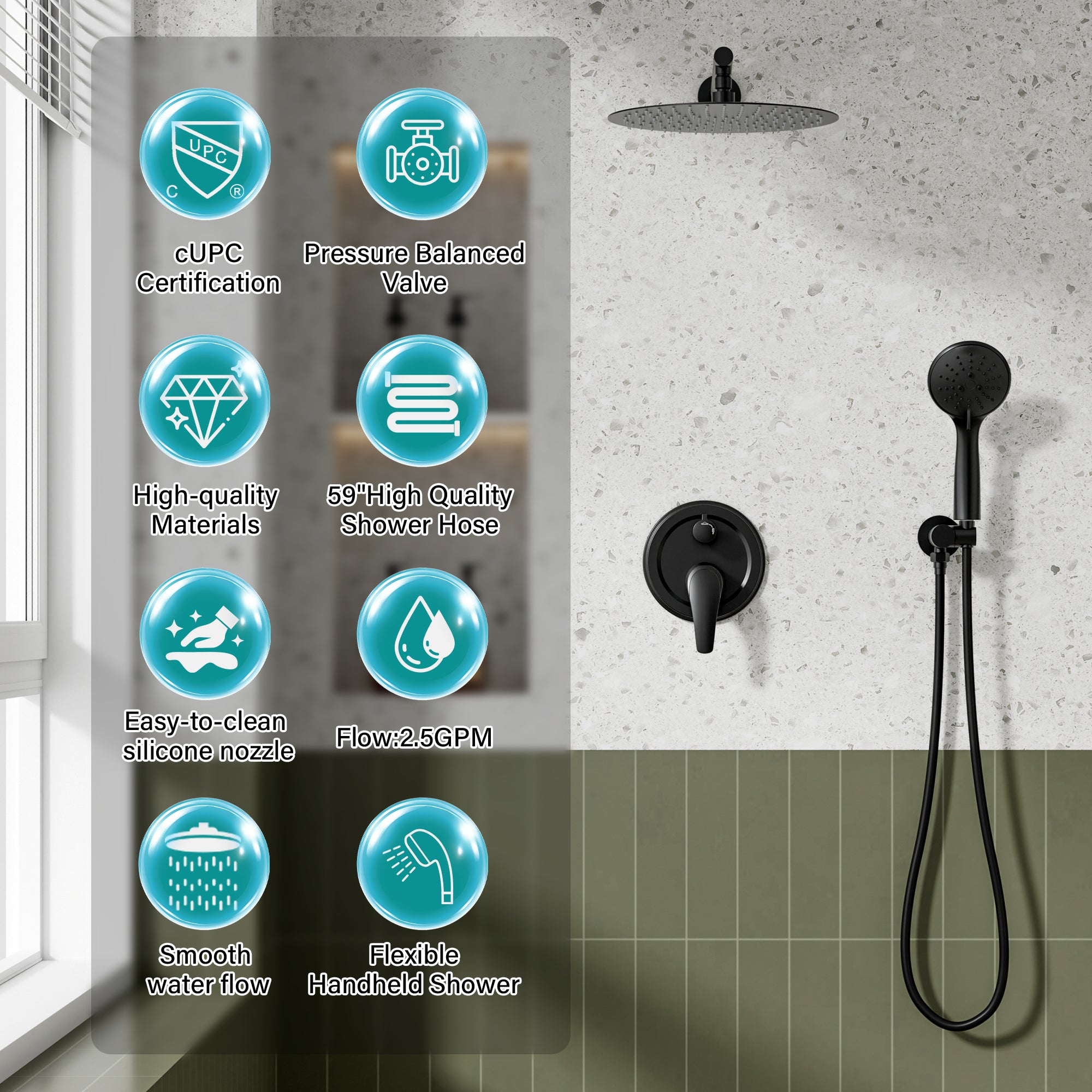 9inch/ 10inch/ 12inch 2-Spray Patterns with 1.8 GPM Wall Mount Dual Shower Heads with Hand Shower