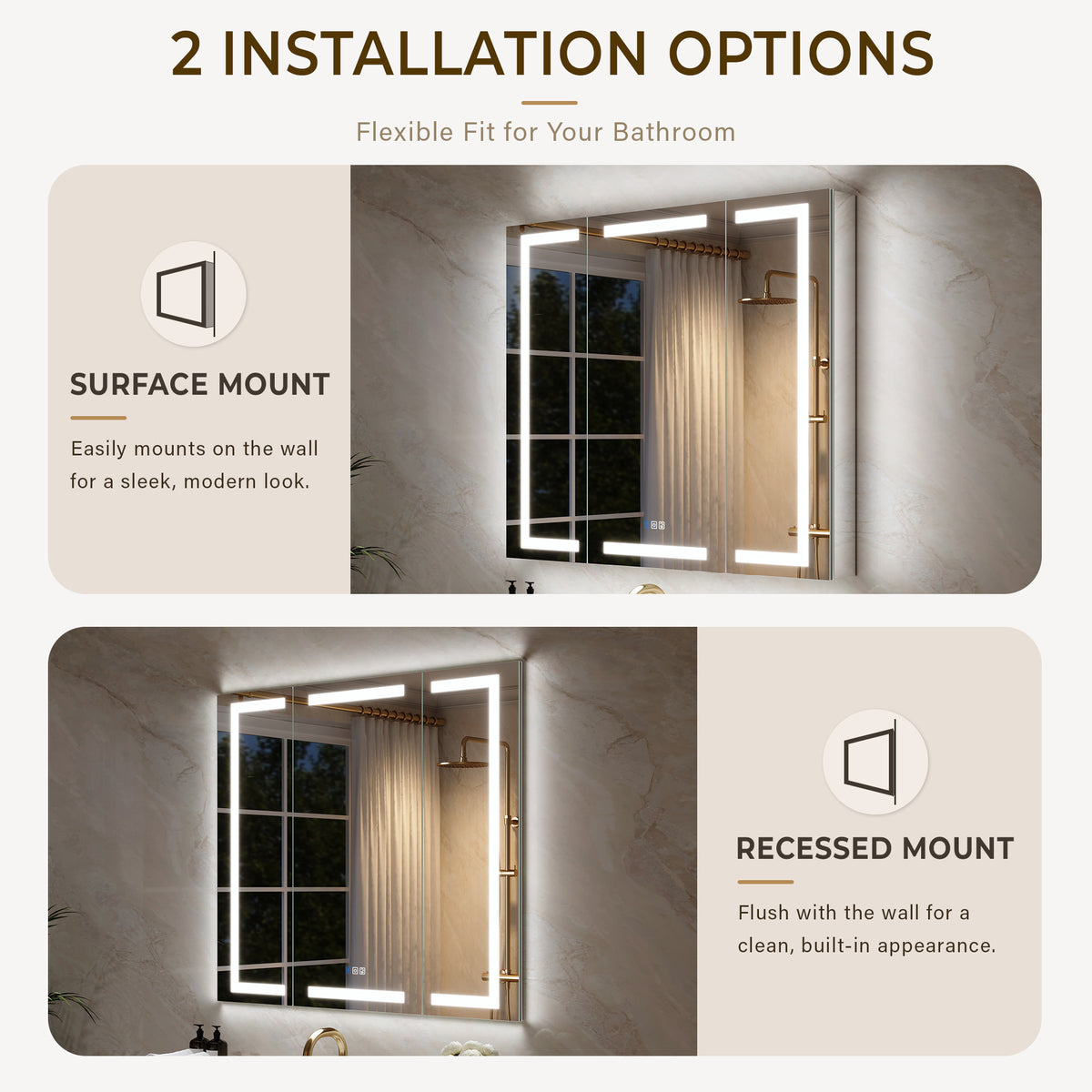 42 in. x 36 in. Aluminum LED Bathroom Medicine Cabinet with Anti-Fog, Dimmable Lighting, Outlet, Surface or Recessed Mount