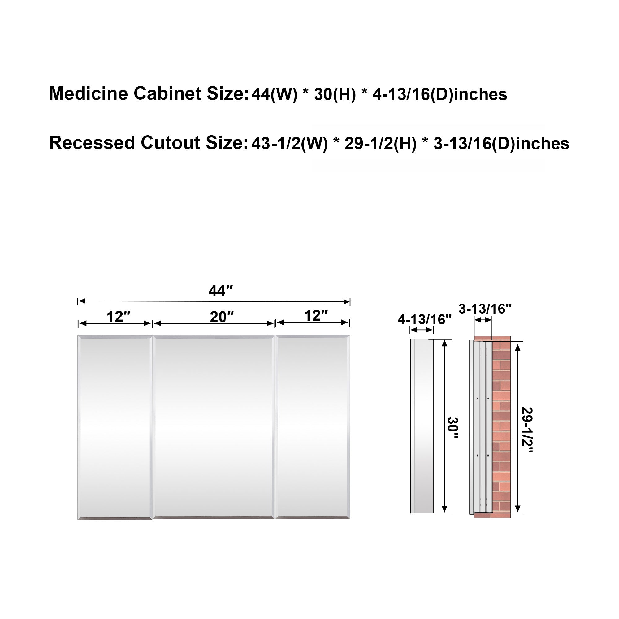 44 in.×30 in.H Copper-Free Mirror Medicine Cabinet with Beveled Mirror Door, Recessed or Surface Mount, Adjustable Shelves