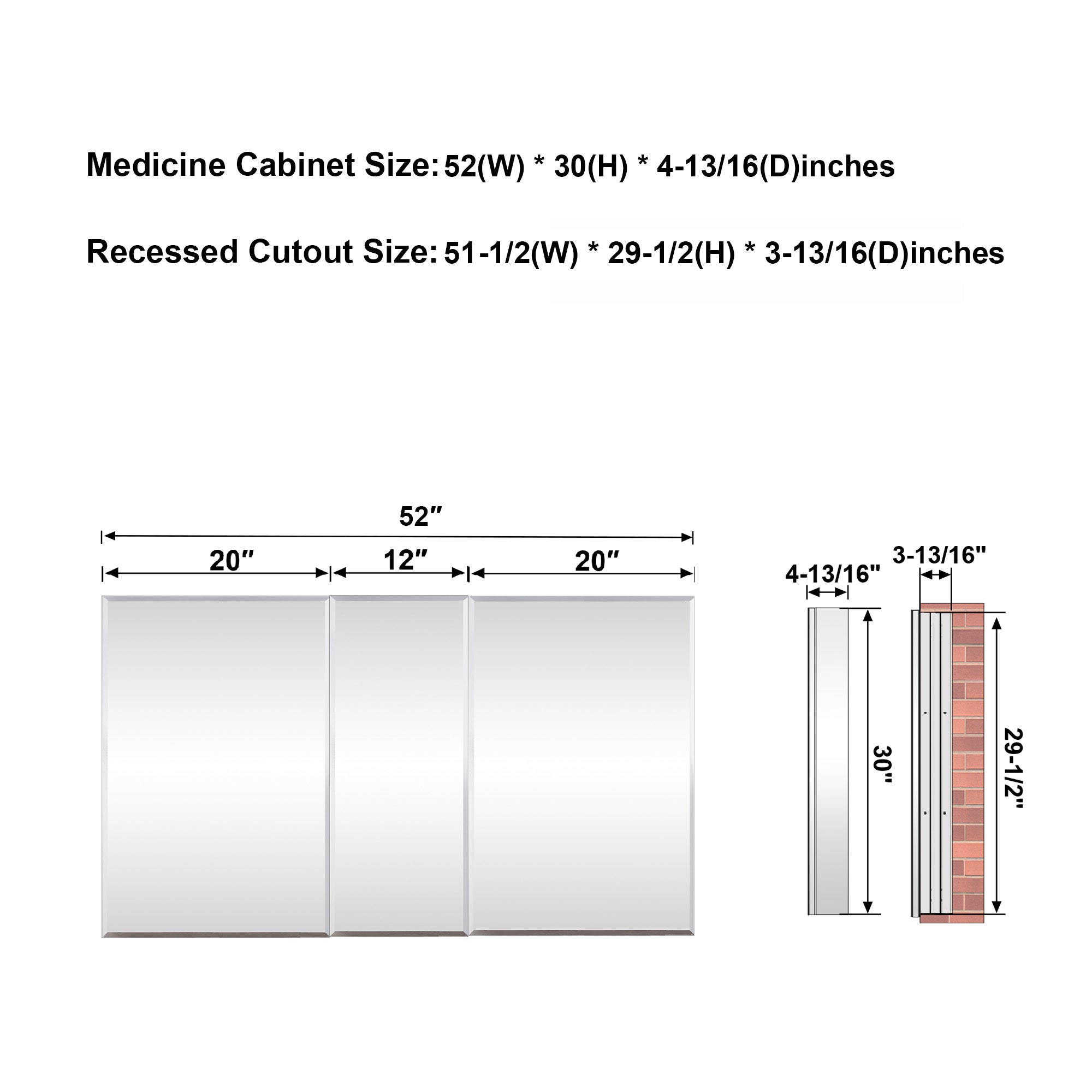 52 in.×30 in.H Copper-Free Mirror Medicine Cabinet with Beveled Mirror Door, Recessed or Surface Mount, Adjustable Shelves