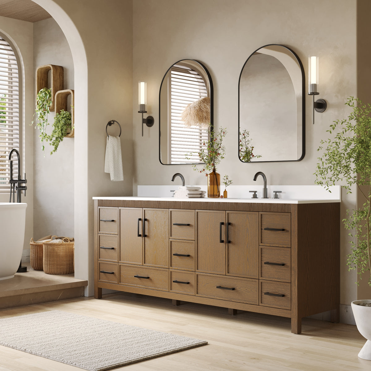 84 Inch Freestanding Solid Wood Bathroom Vanity with Pure White Quartz Countertop, 4 Soft-Close Doors & 11 Dovetail Drawers, Walnut