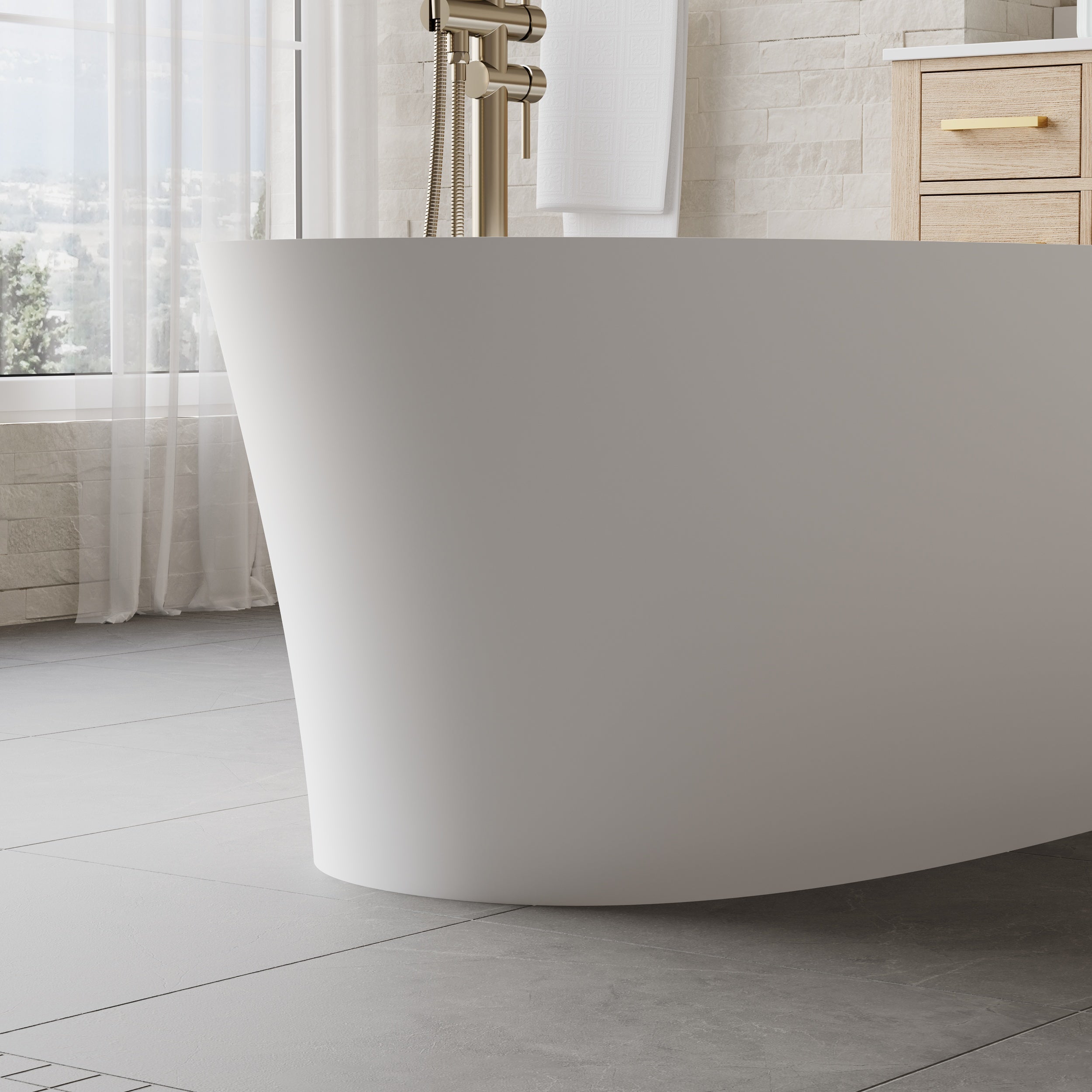 67" Matte White Freestanding Solid Surface Bathtub with Overflow and Drain, 74 Gallons