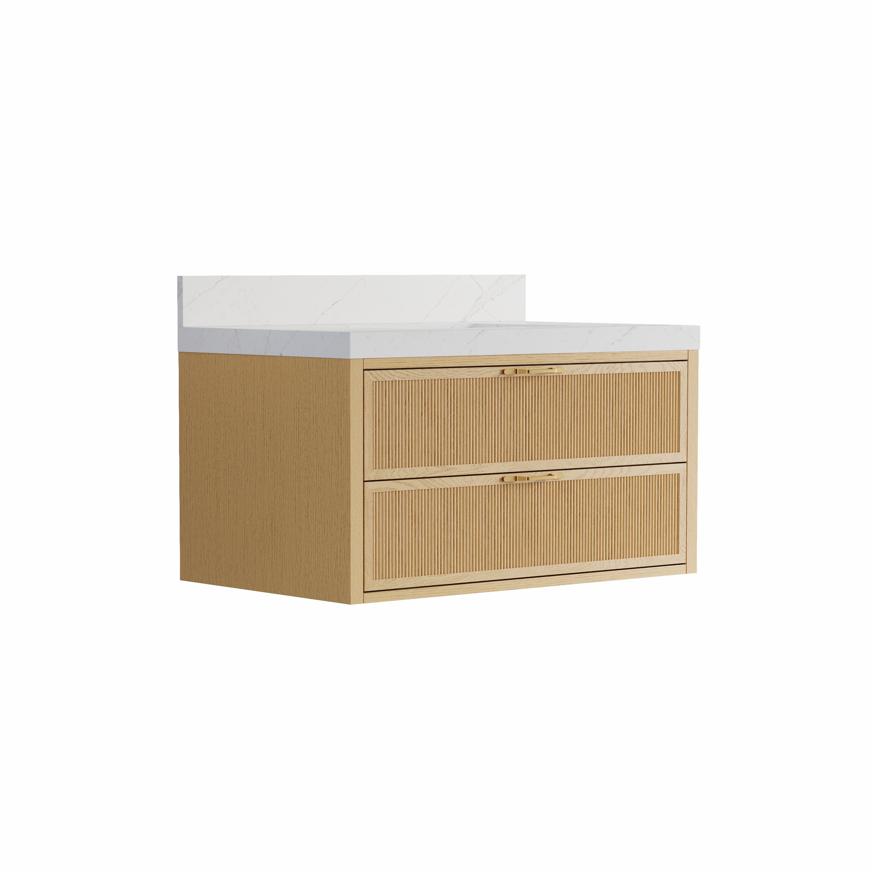36-Inch Solid Oak Floating Bathroom Vanity with Calacatta Quartz Countertop, 2 Soft-Close Fluted Drawers