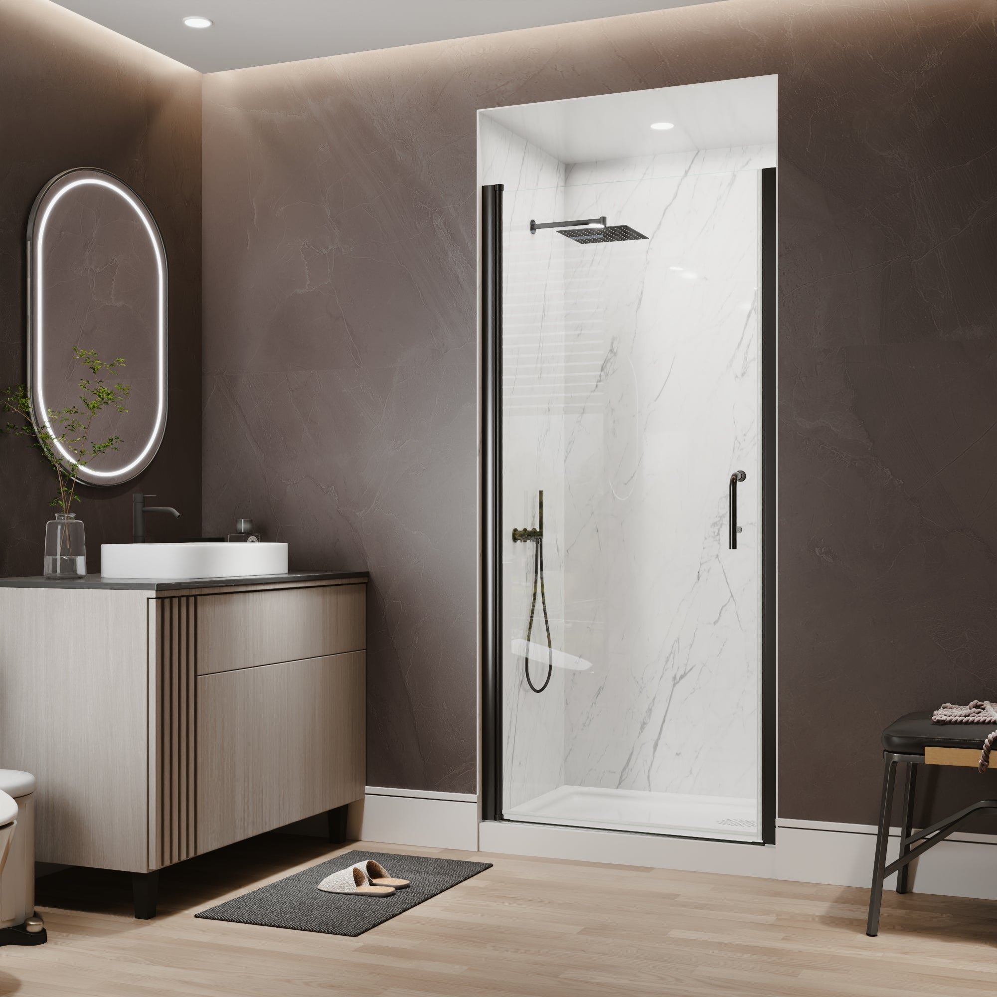 34-36 in. W x 72 in. H Semi-Frameless Pivot Shower Door with 1/4 in SGCC Tempered Glass, Reversible Installation, Matte Black