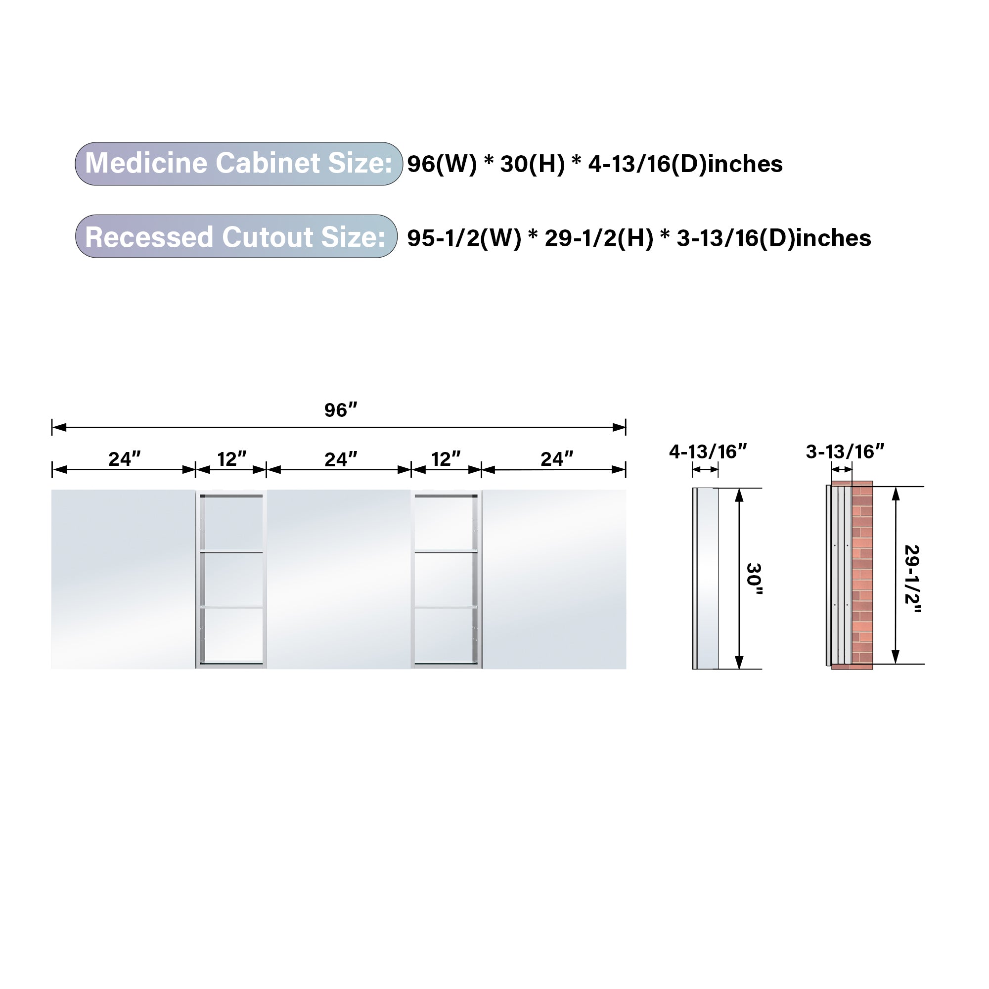 96 in. ×30 in. Aluminum Bathroom Medicine Cabinet and Open Shelf Set, Recessed or Surface Mount