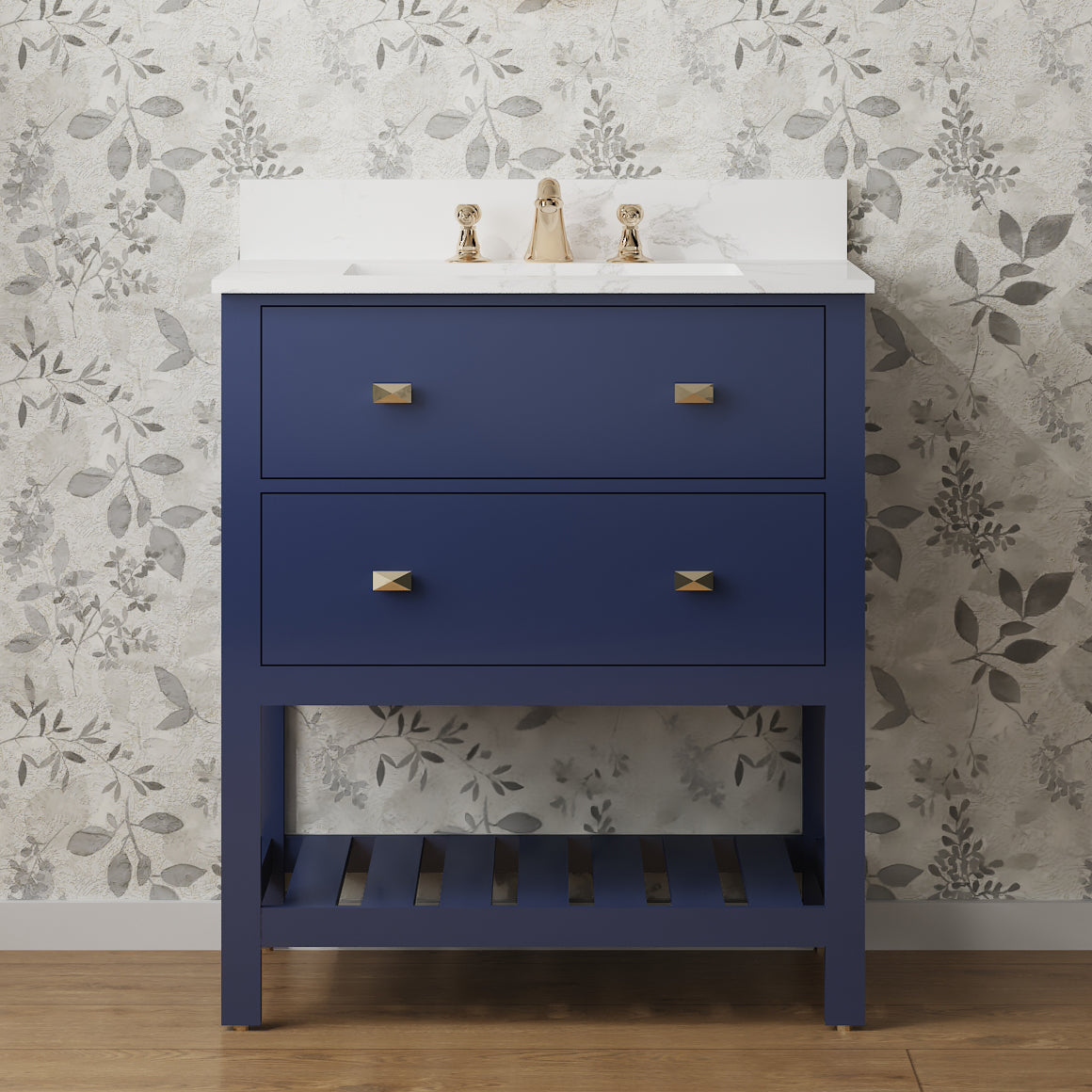 30" Undermount Single Sink Freestanding Bathroom Vanity with White Top in Navy Blue