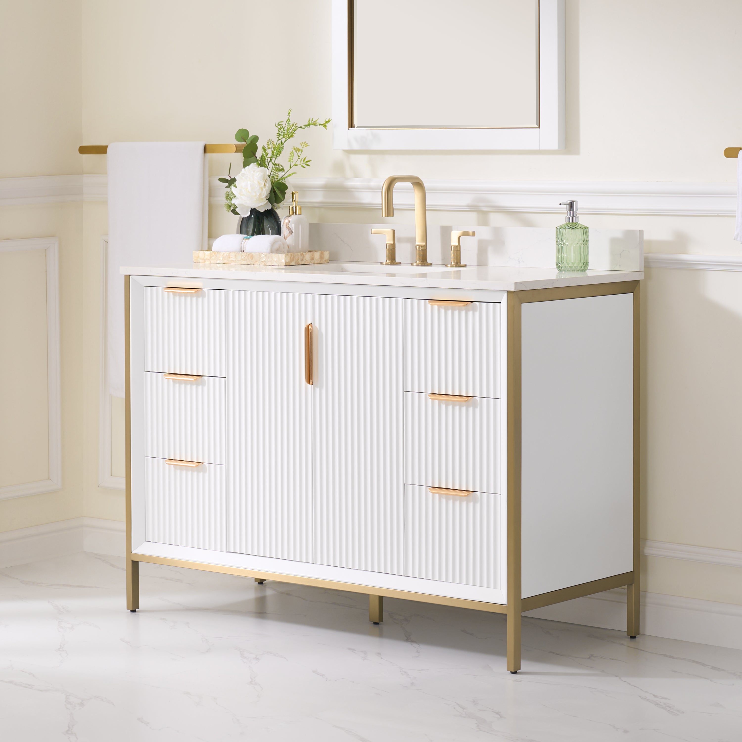 48 in. Solid Wood Bathroom Vanity in White with Quartz Vanity Top in Carrara