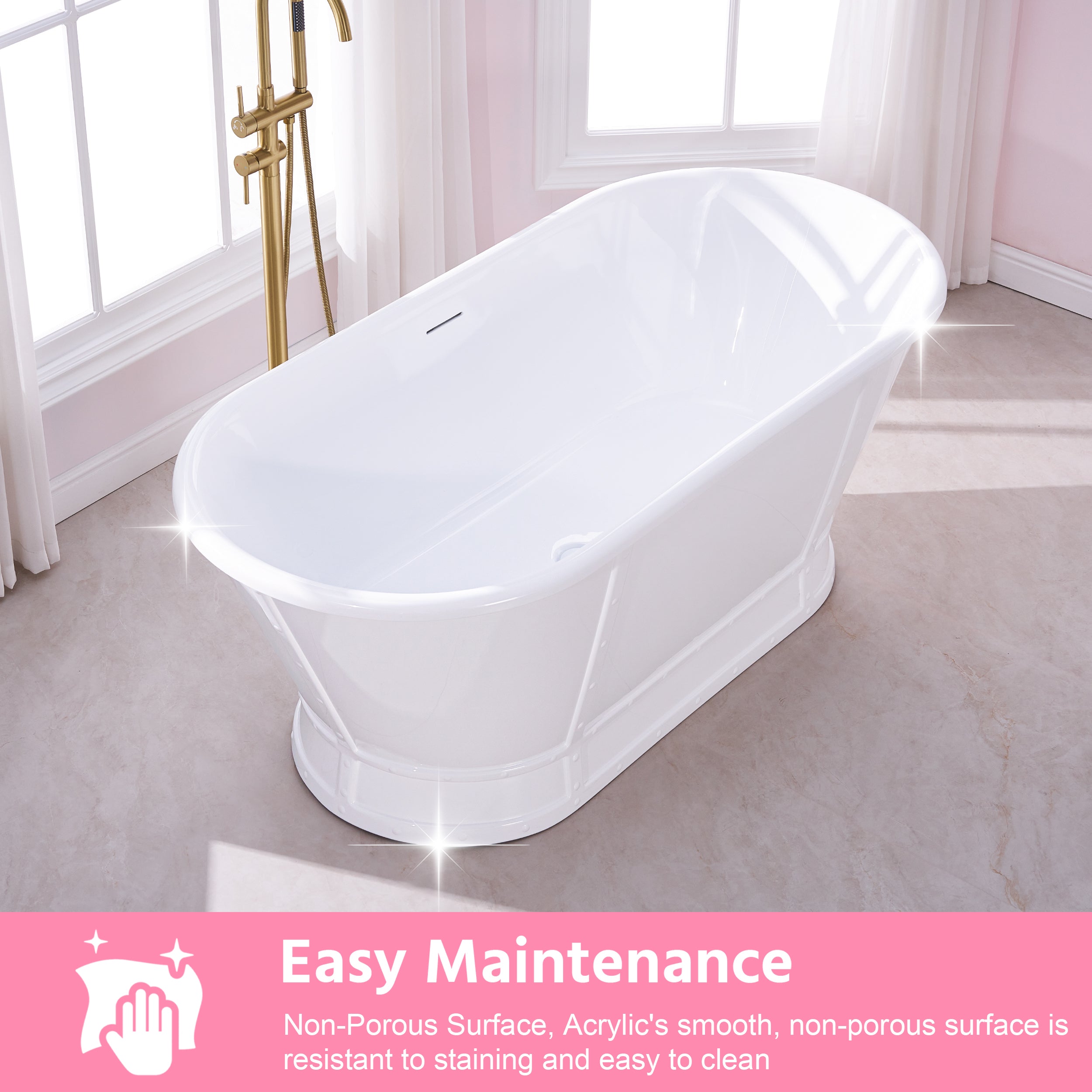 66" Freestanding Glossy White Acrylic Bathtub with Integrated Overflow