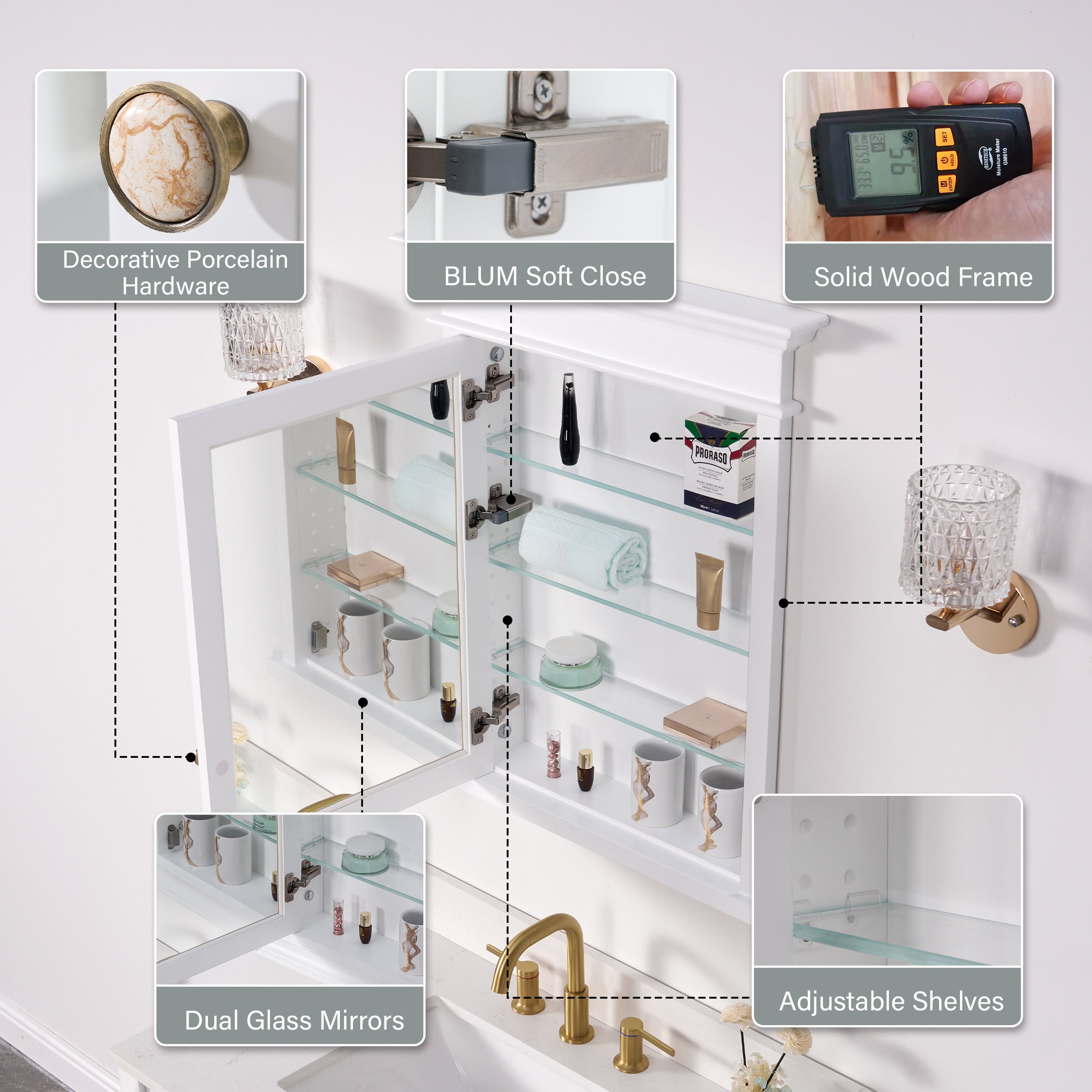 26 in.W x 32 in.H Solid Wood Recessed Bathroom Medicine Cabinet with Mirror in White