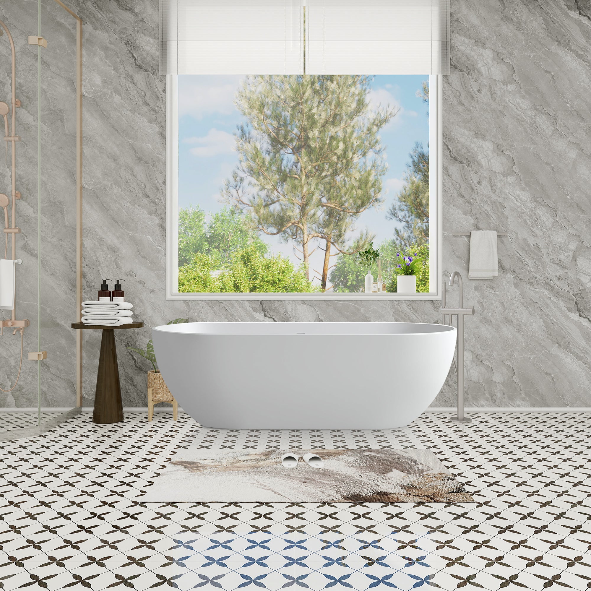 59" Solid Surface Stone Resin Stand Alone Freestanding Soaking Bathtub