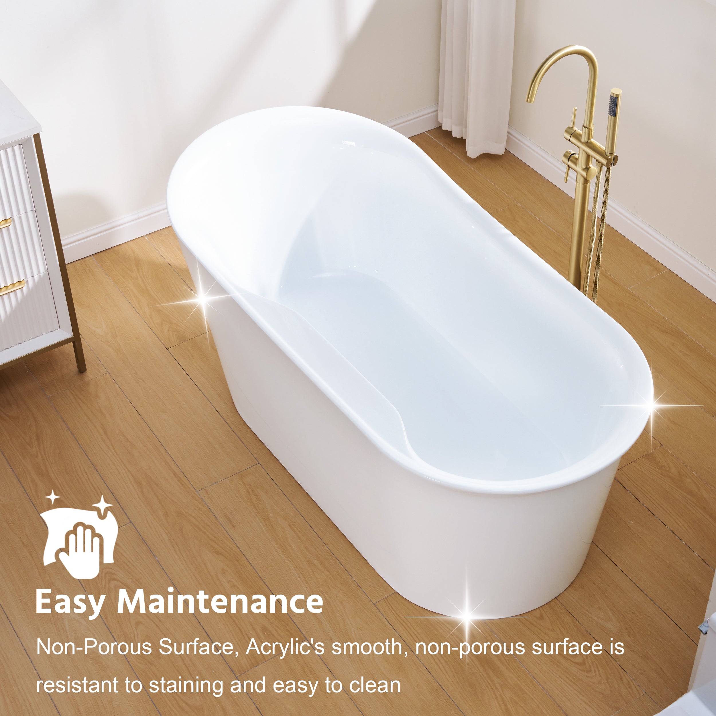 66" Freestanding Glossy White Acrylic Bathtub with Overflow and Drainage