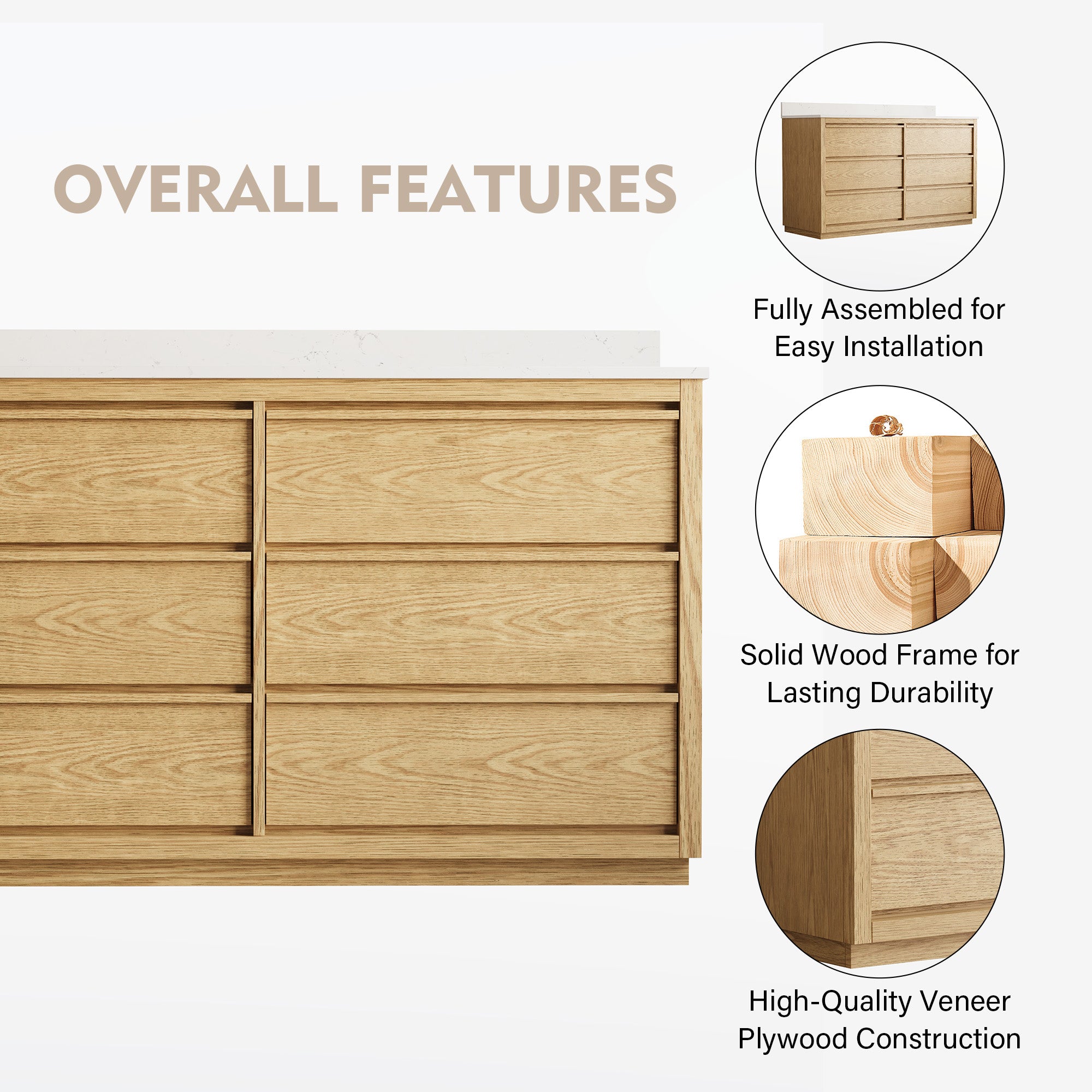 60 Inch Oak Soild Wood Bathroom Vanity with Double Undermount Sinks, 6 Dovetail-constructed Drawers