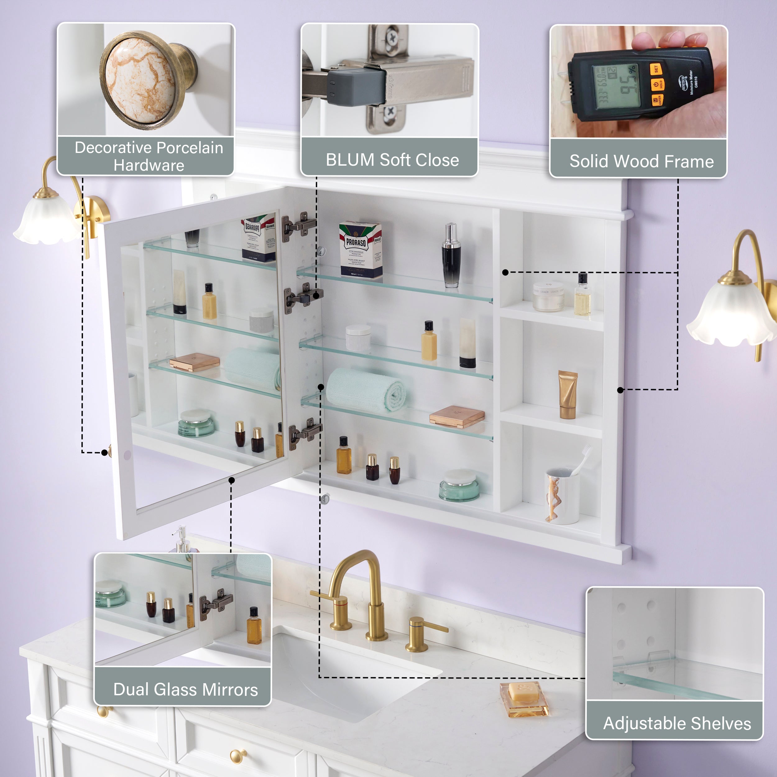 48 in.W x 32 in.H Recessed Solid Wood Bathroom Medicine Cabinet with Mirror in White