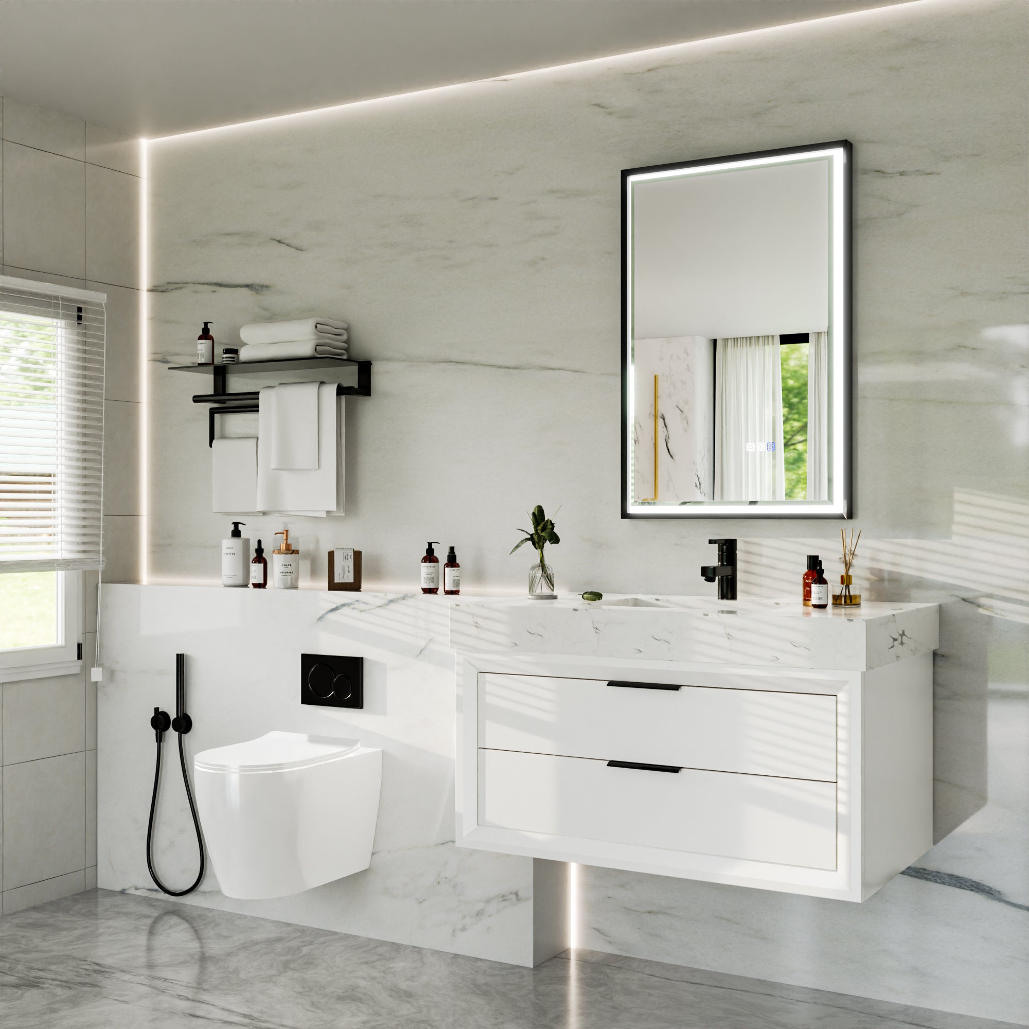 22 in. W x 34 in. Aluminum Framed LED Bathroom Mirror - Anti-Fog, Dimmable, Smart Memory, Matte Black