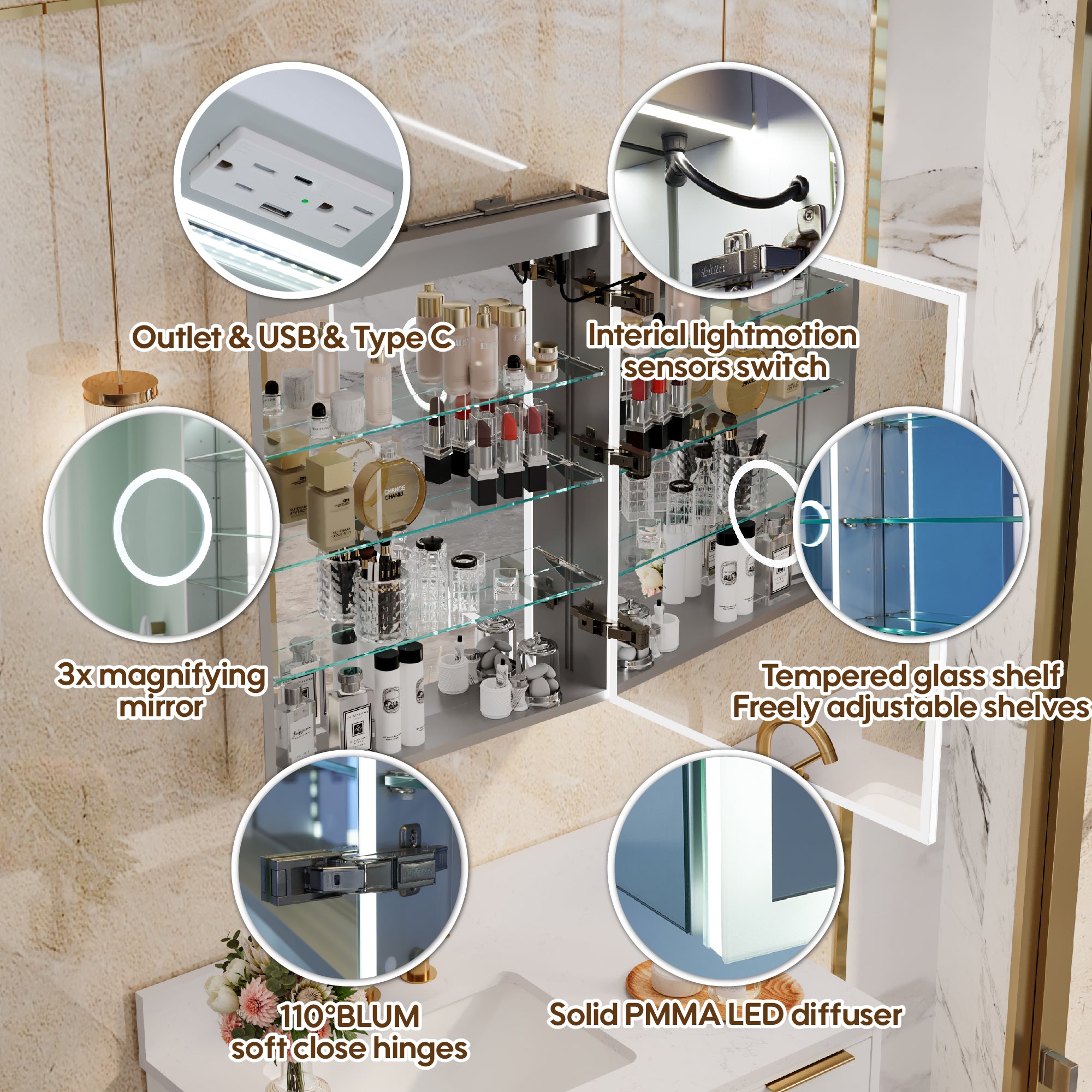 24 in. x 30 in. LED Medicine Cabinet for Bathroom, Wall Mount Cabinet with Mirror, Dimmable, Anti-fog, Right Side