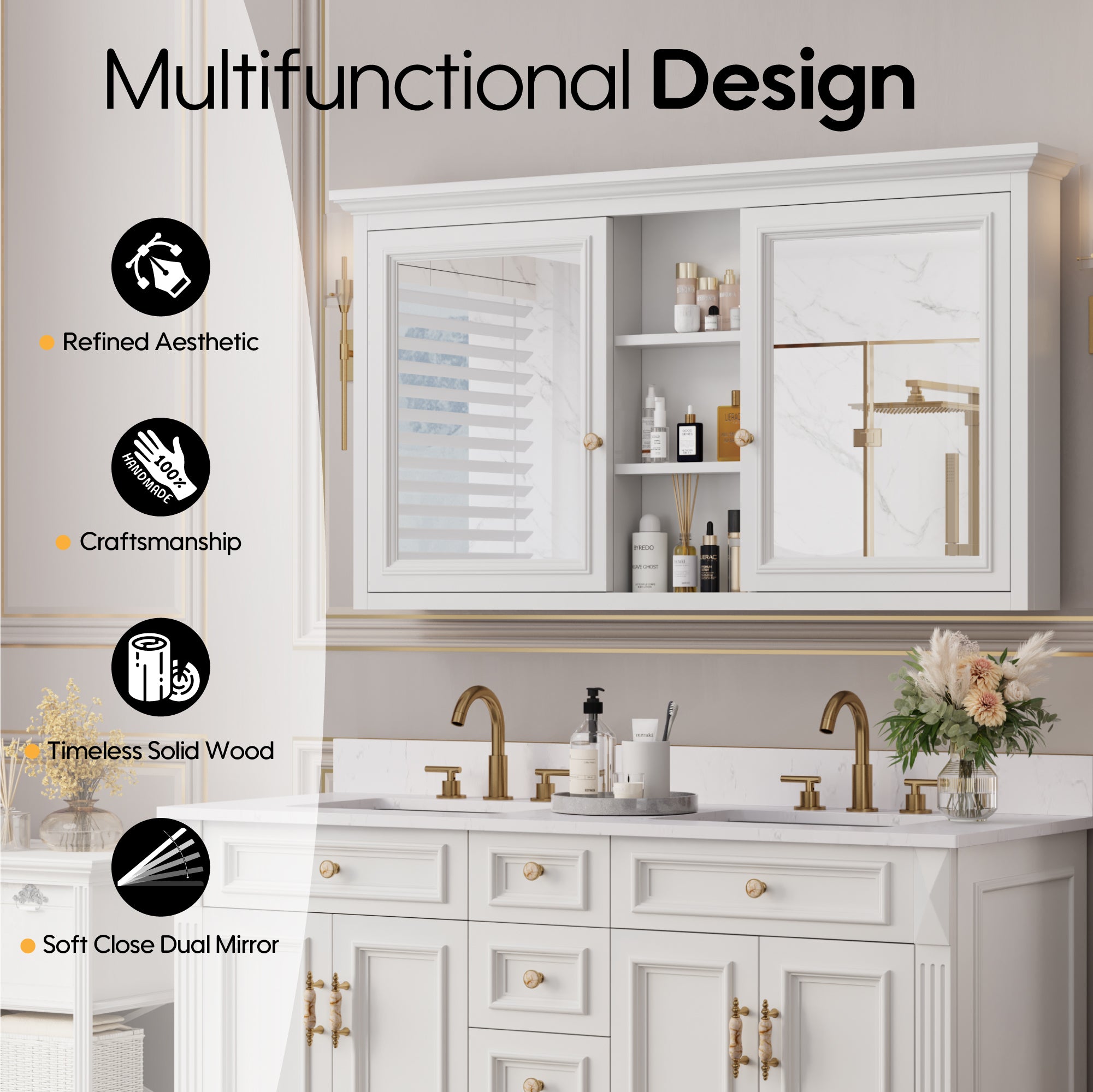 55 in. W x 30 in. H Rectangular White Solid Wood Surface-Mount Medicine Cabinet with Mirror
