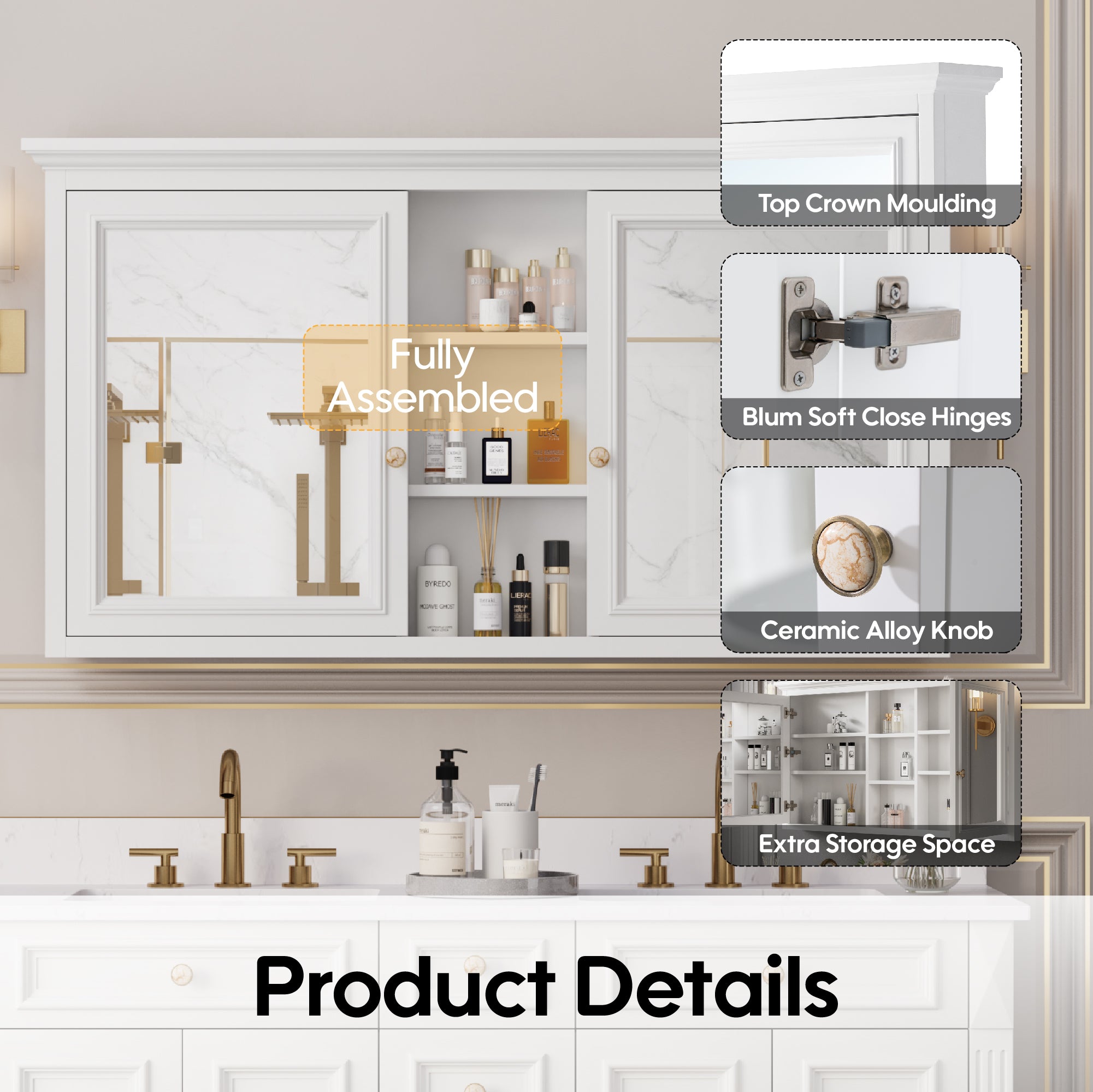 55 in. W x 30 in. H Rectangular White Solid Wood Surface-Mount Medicine Cabinet with Mirror