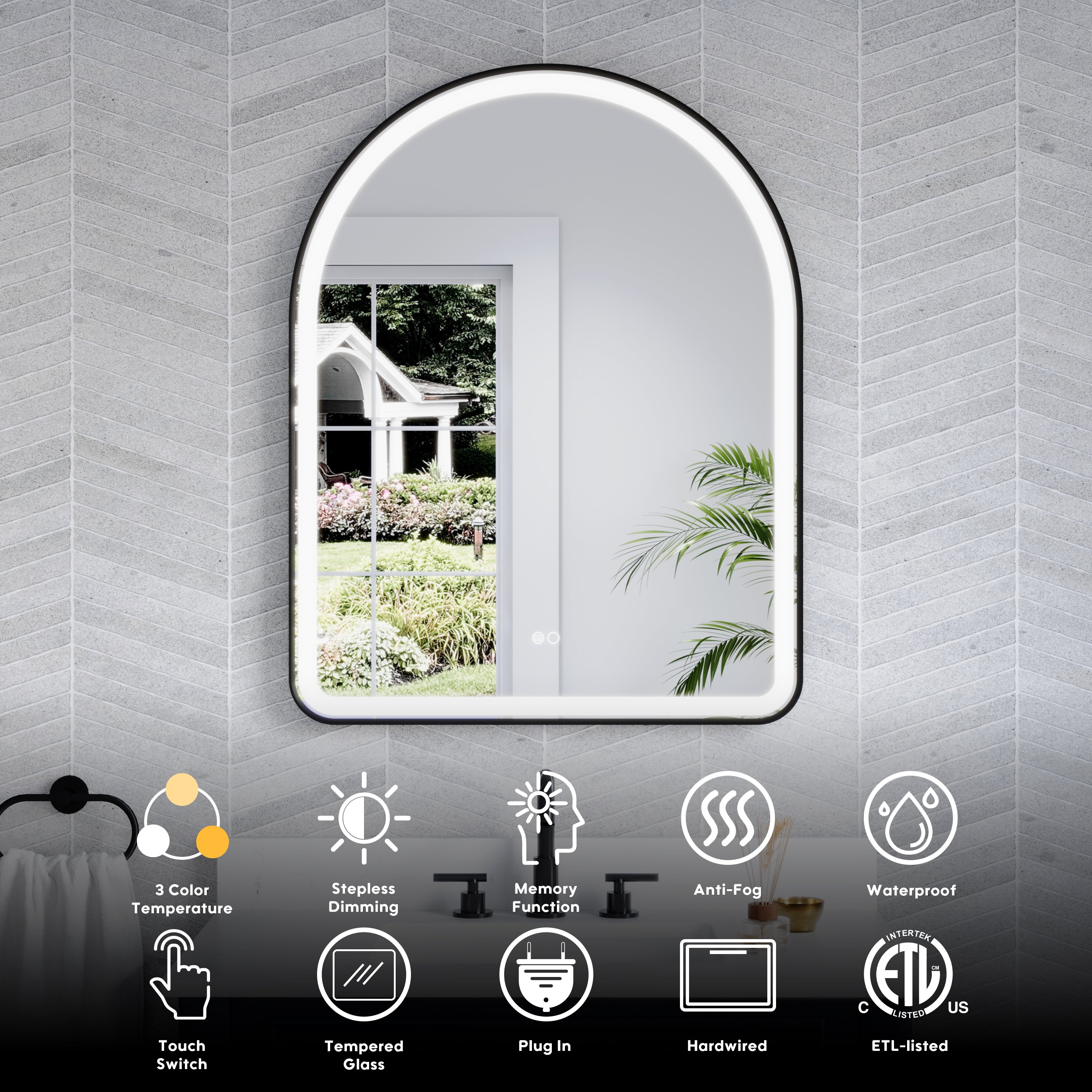 28 in. W x 36 in. H Arched Black Framed LED Light Bathroom Vanity Mirror