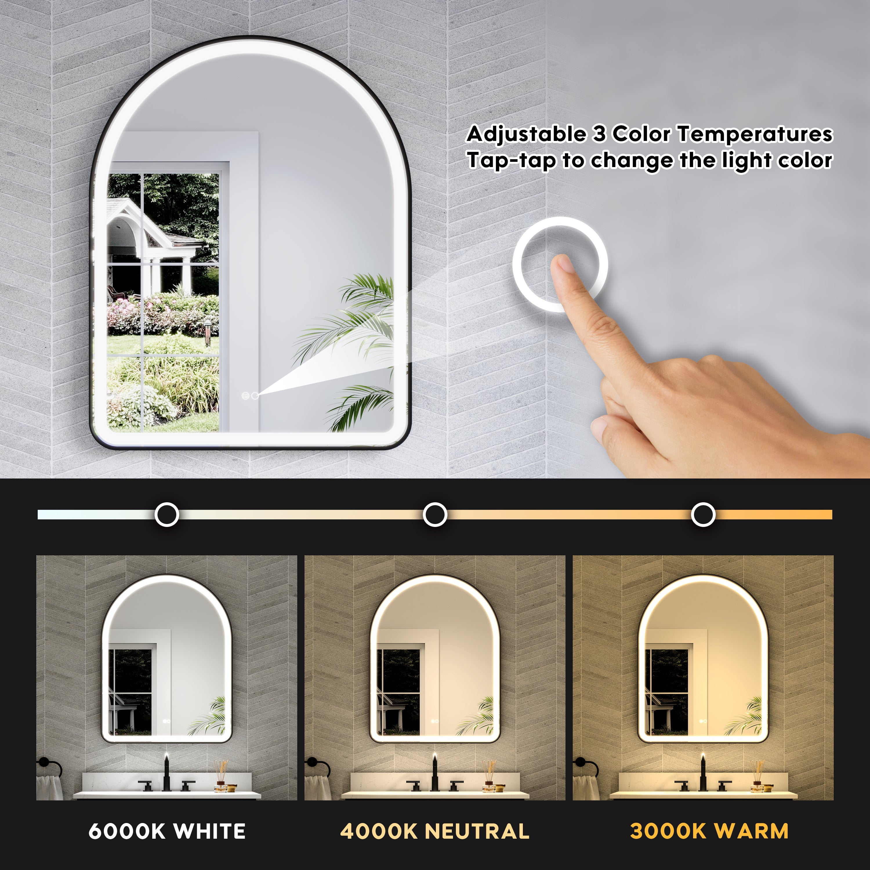 28 in. W x 36 in. H Arched Black Framed LED Light Bathroom Vanity Mirror