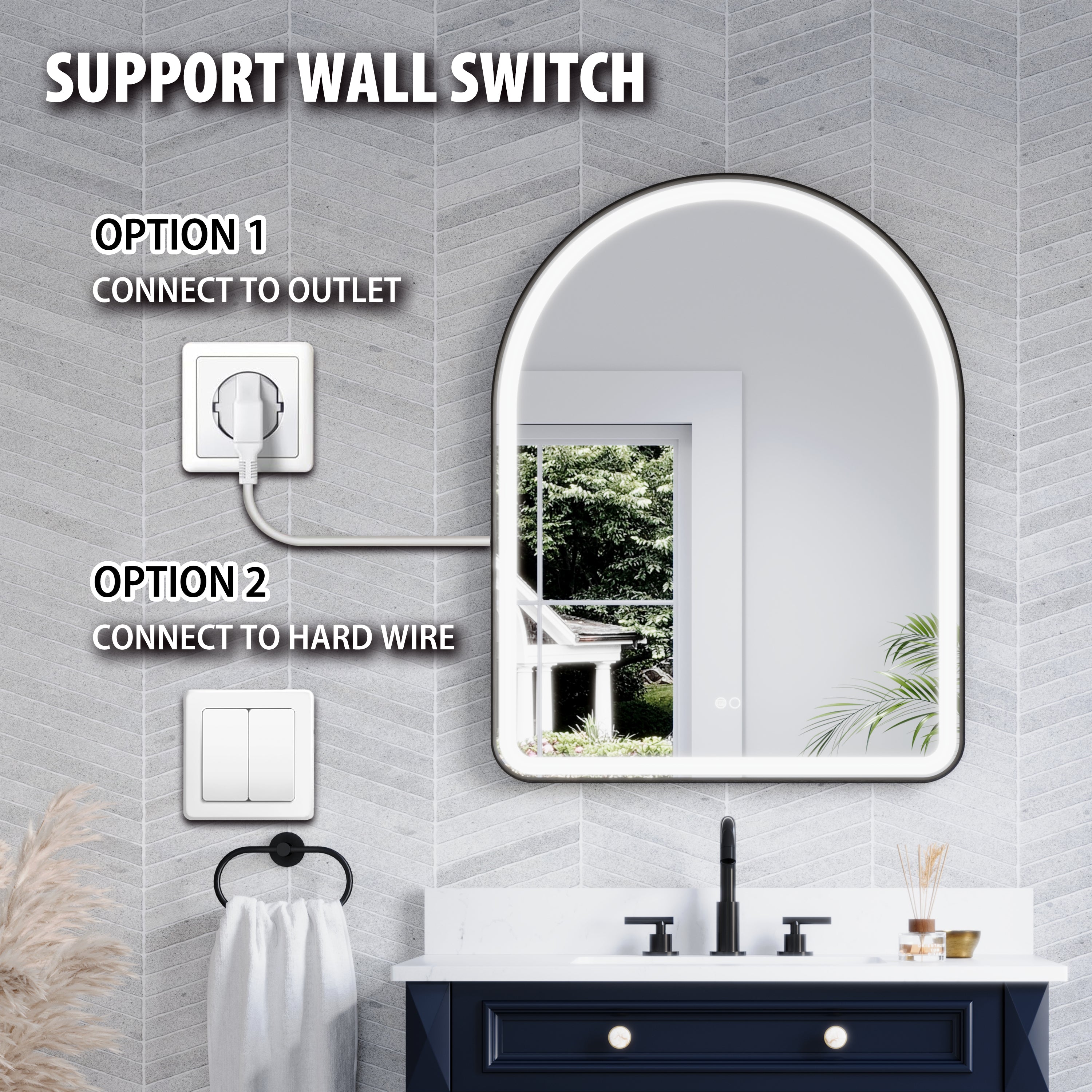 28 in. W x 36 in. H Arched Black Framed LED Light Bathroom Vanity Mirror