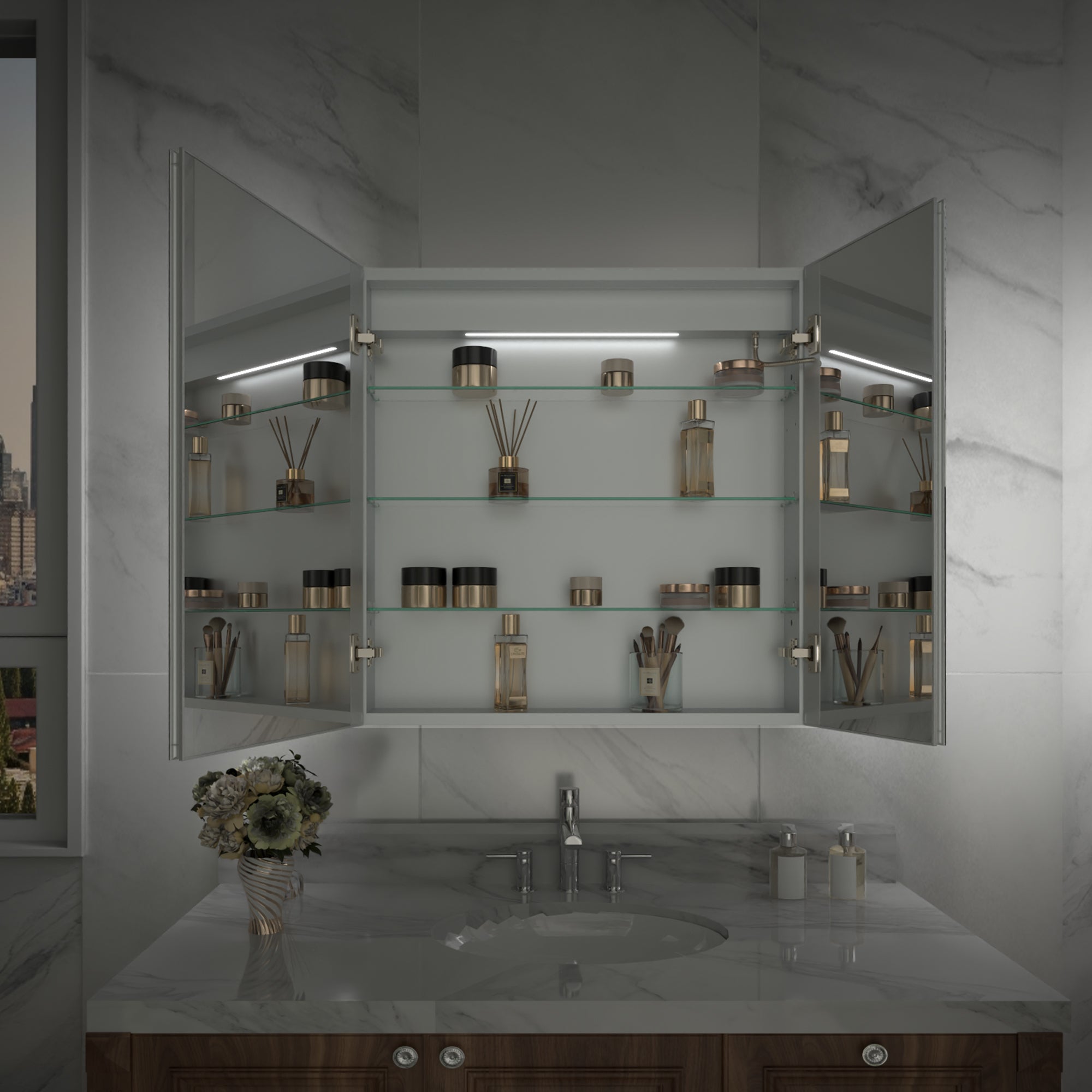 30 in. x 30 in. Recessed/Surface Mount Medicine Cabinet with Mirror and LED Light, All-Plastic Cabinet Body