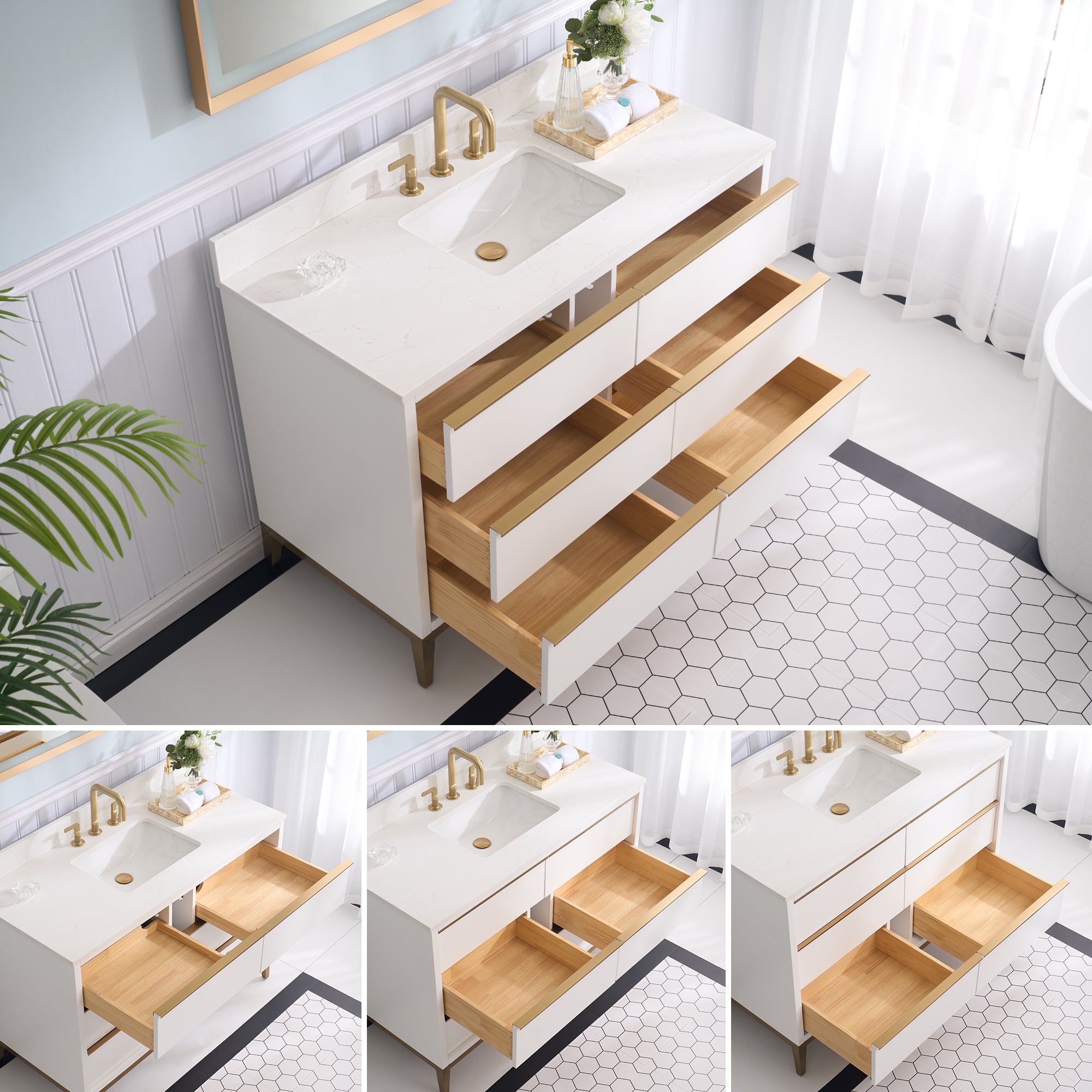 48 in. Bathroom Vanity in White with Carrara White Quartz Vanity Top