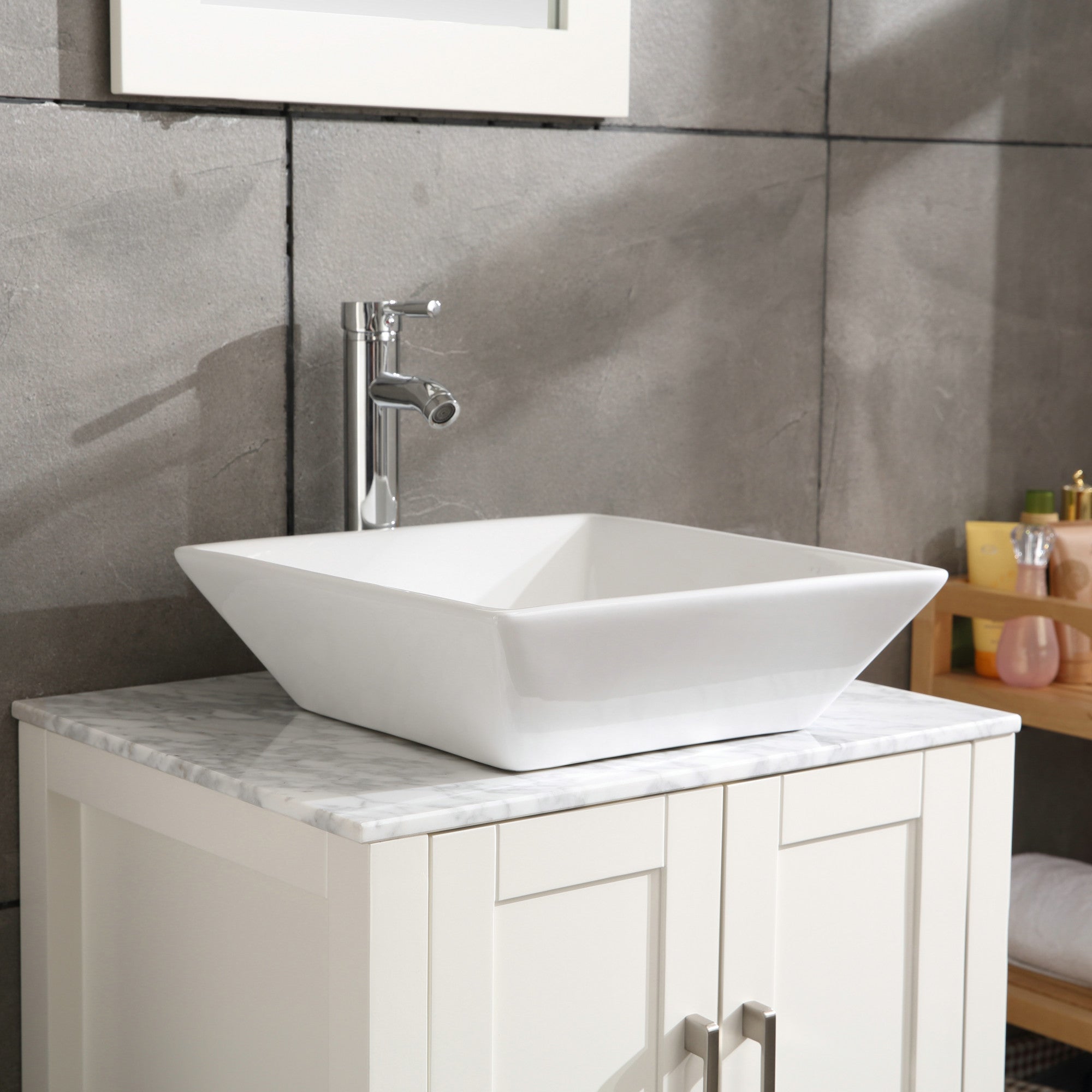 16.5" Square White Porcelain Vessel Sink with Faucet, Stainless Steel Pop-up Drain