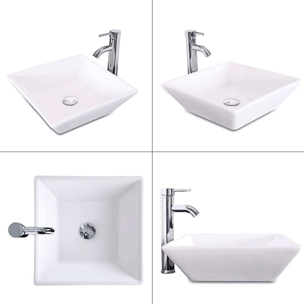 16.5" Square White Porcelain Vessel Sink with Faucet, Stainless Steel Pop-up Drain