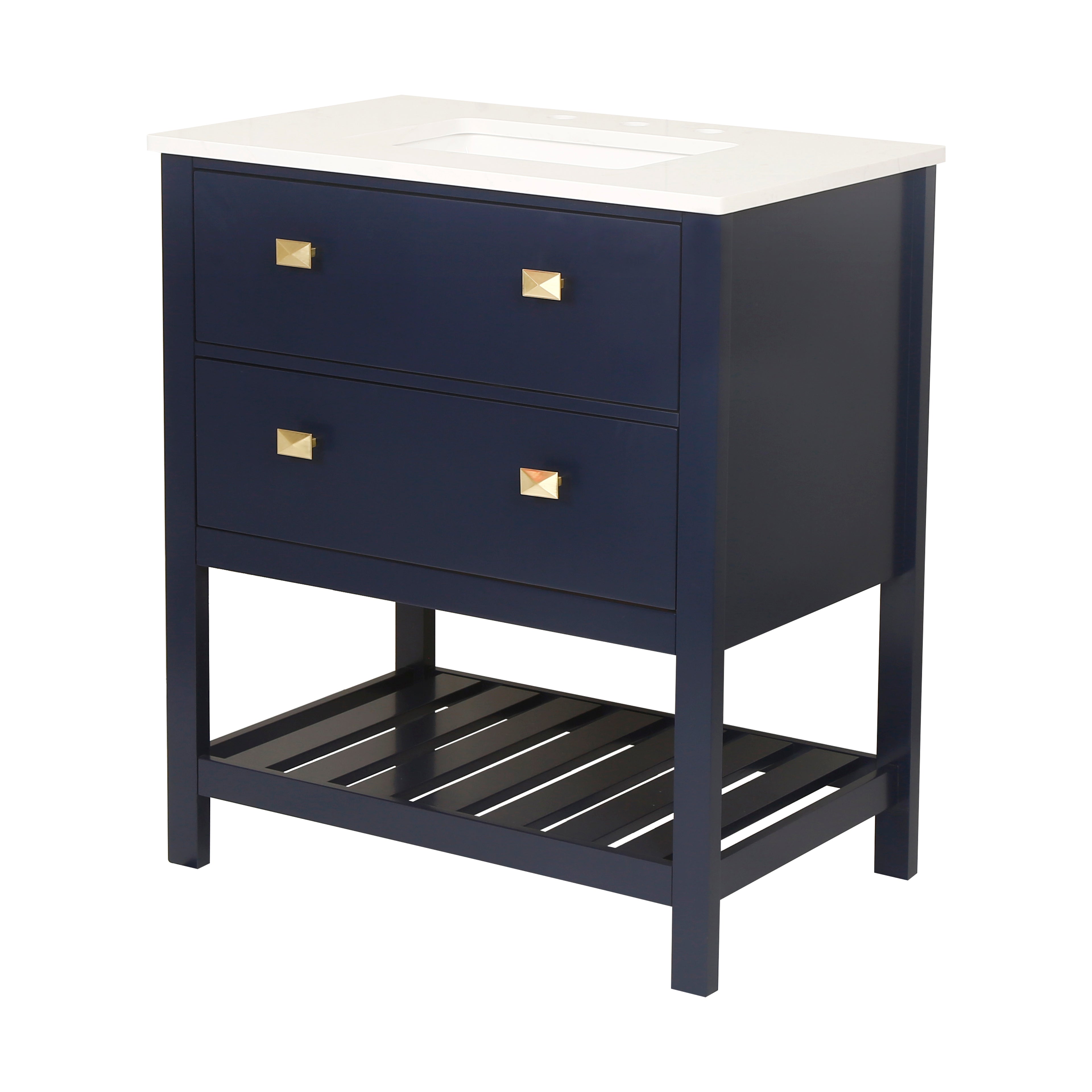 30" Undermount Single Sink Freestanding Bathroom Vanity with White Top in Navy Blue