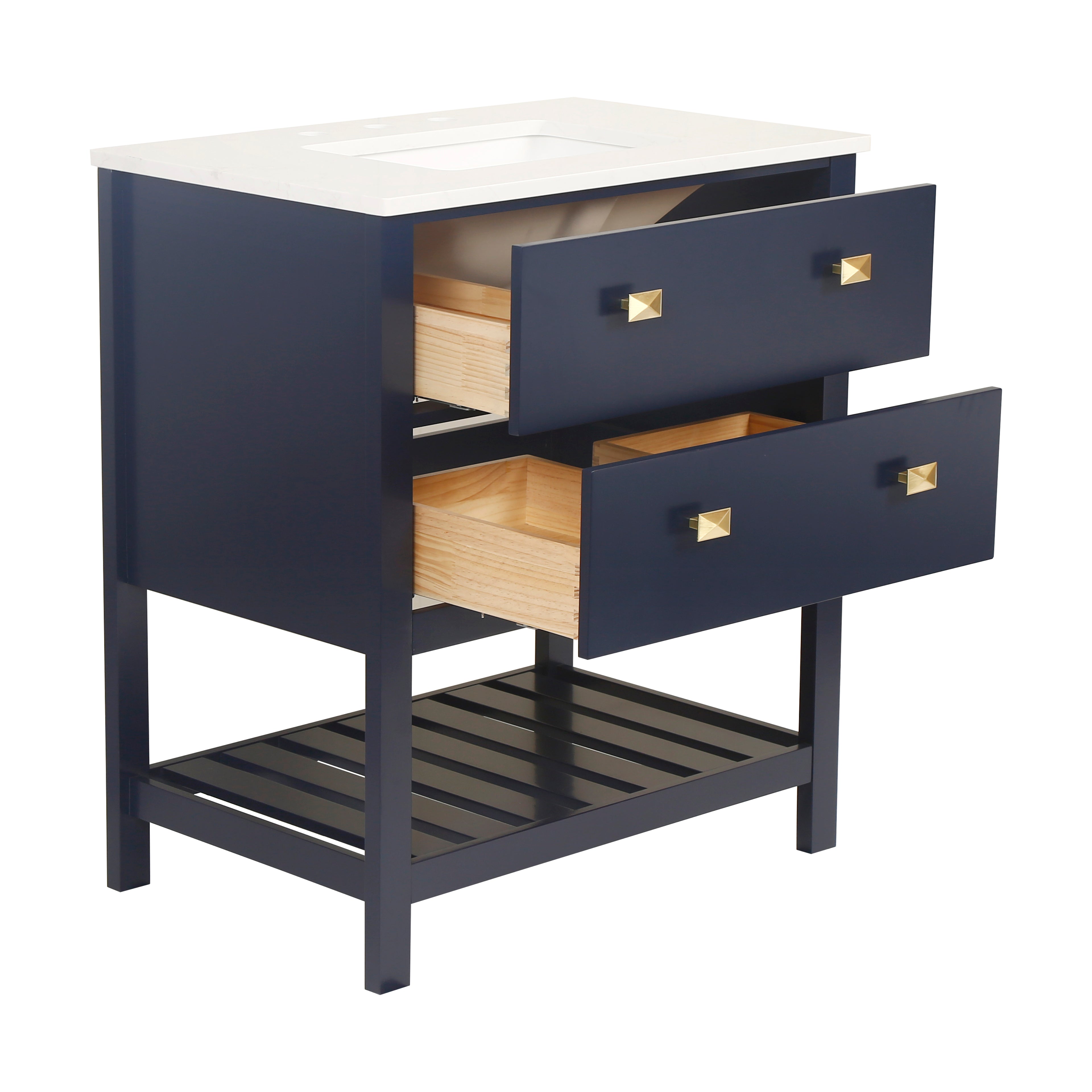 30" Undermount Single Sink Freestanding Bathroom Vanity with White Top in Navy Blue