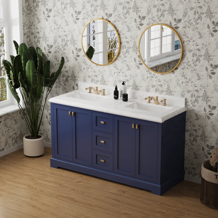 60" Undermount Double Sinks Freestanding Bathroom Vanity with White Top in Navy Blue