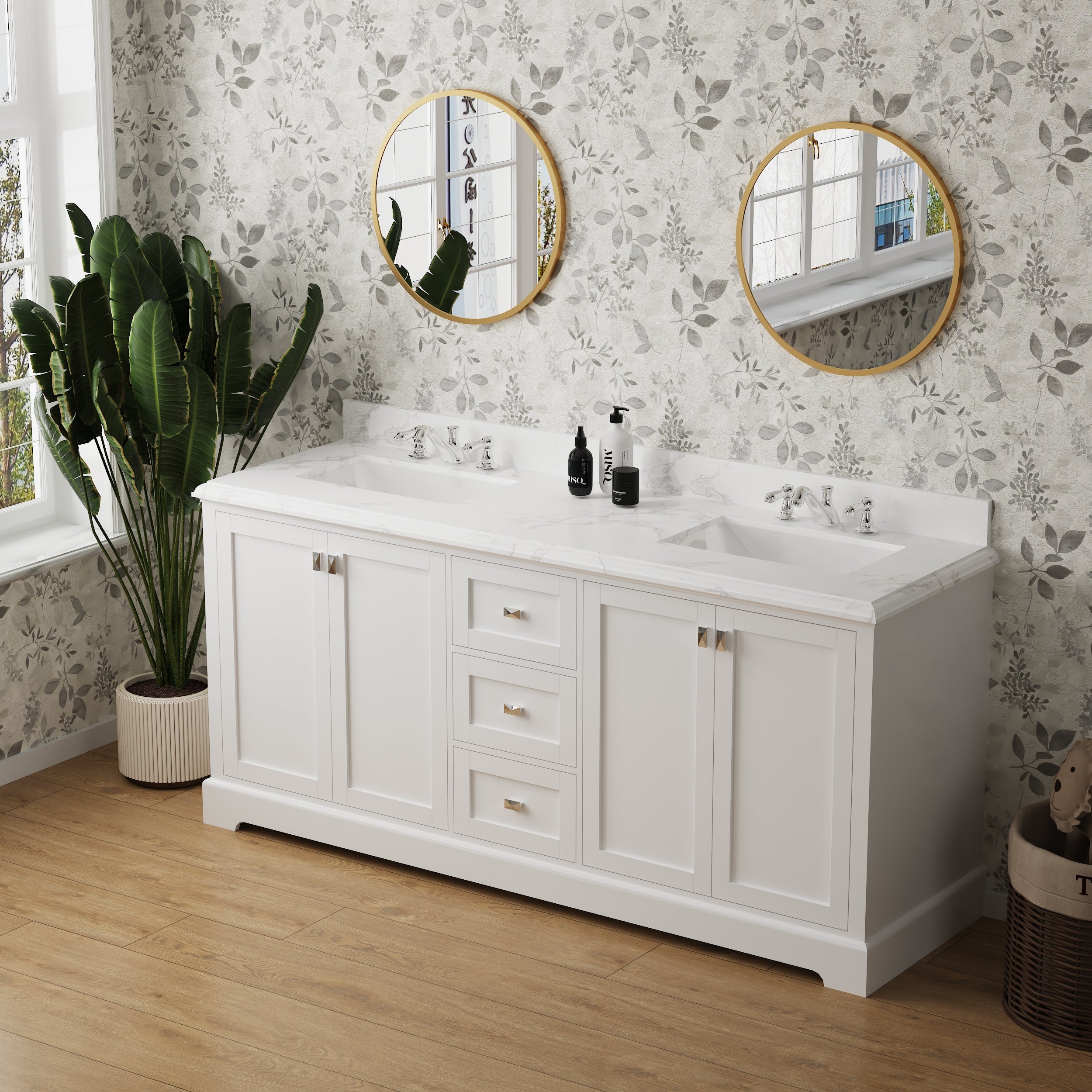 72" Undermount Double Sinks Freestanding Bathroom Vanity with White Top in White