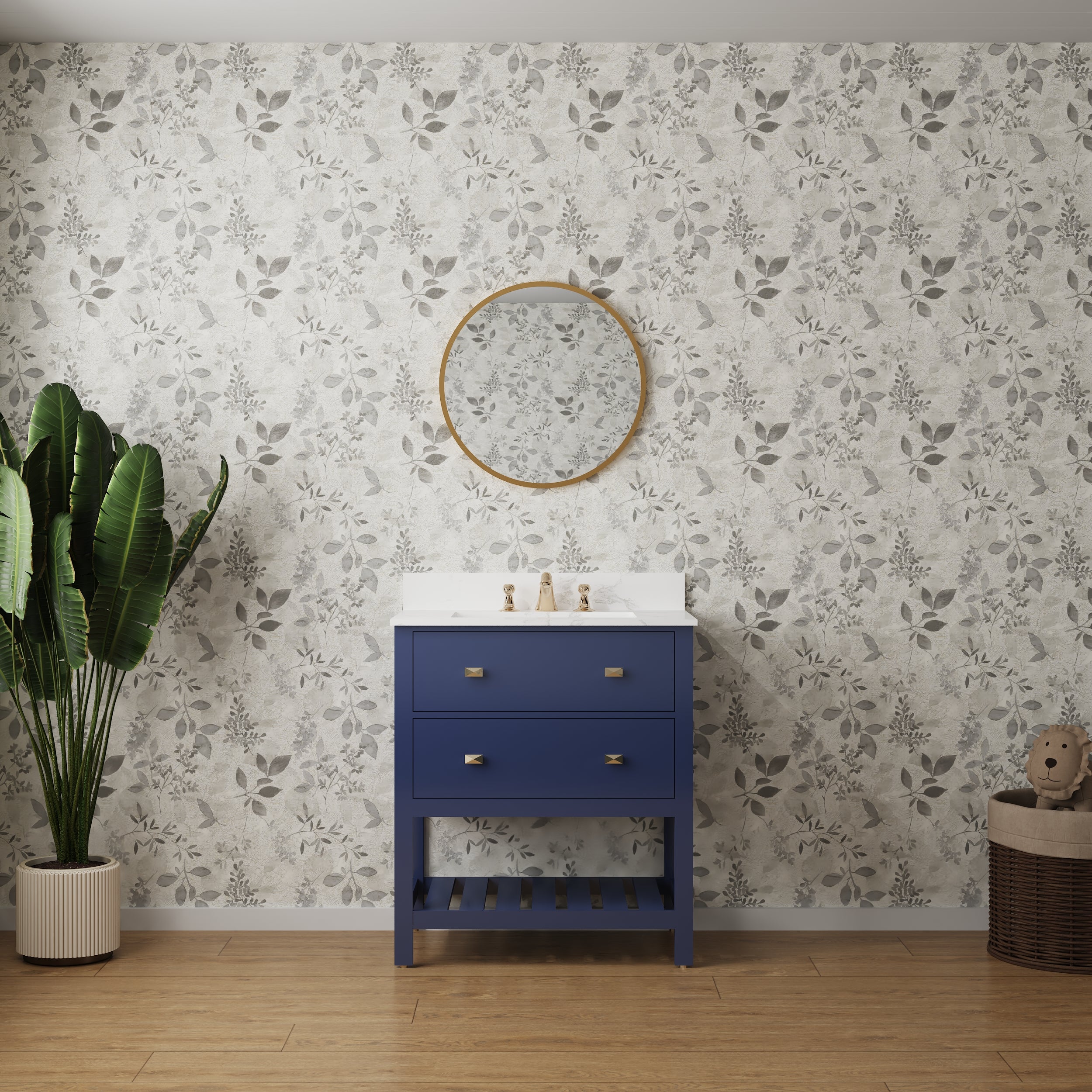 30" Undermount Single Sink Freestanding Bathroom Vanity with White Top in Navy Blue