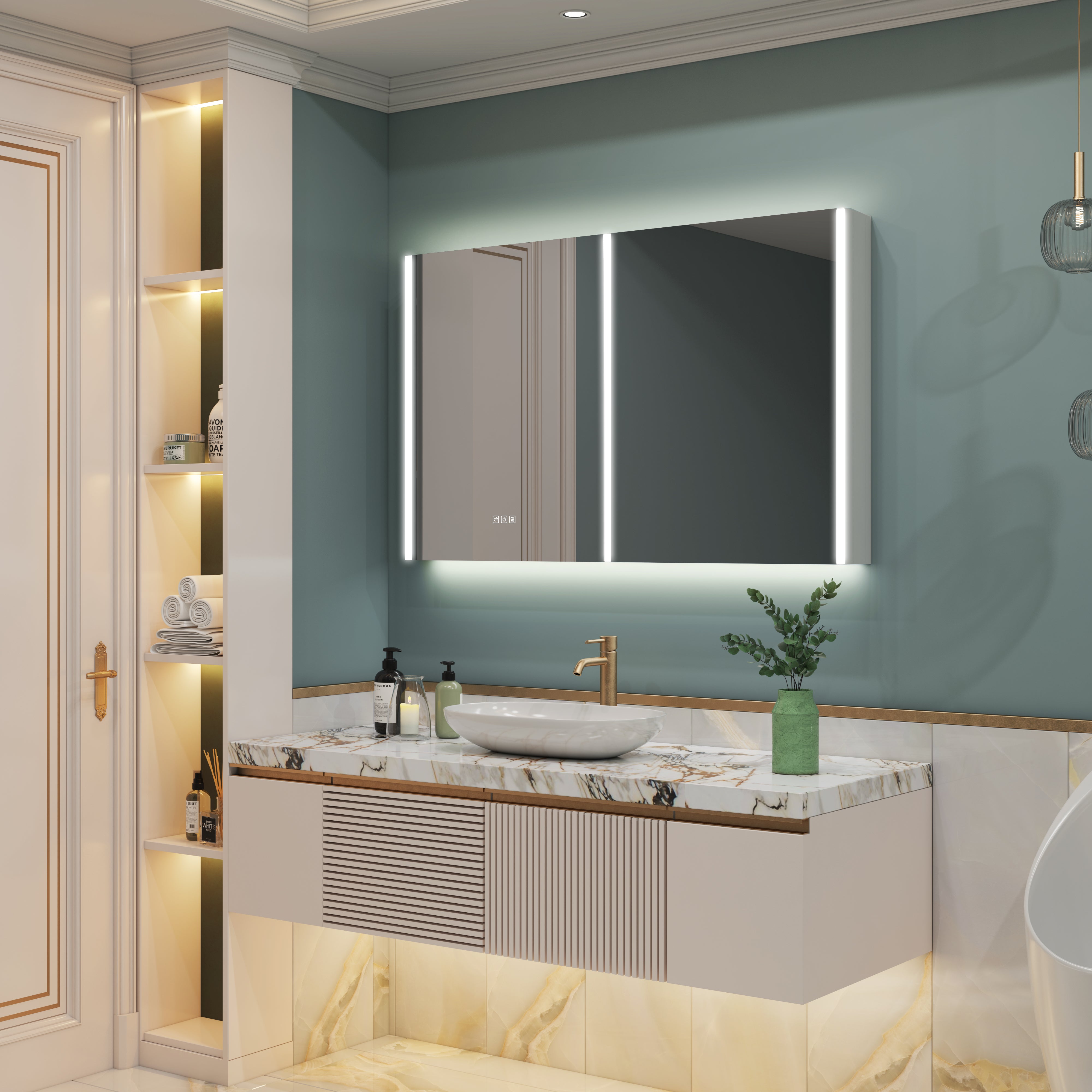 48 in. x 30 in. Lighted LED Fog Free Surface Mount Silver Mirrored Soft Close Medicine Cabinet