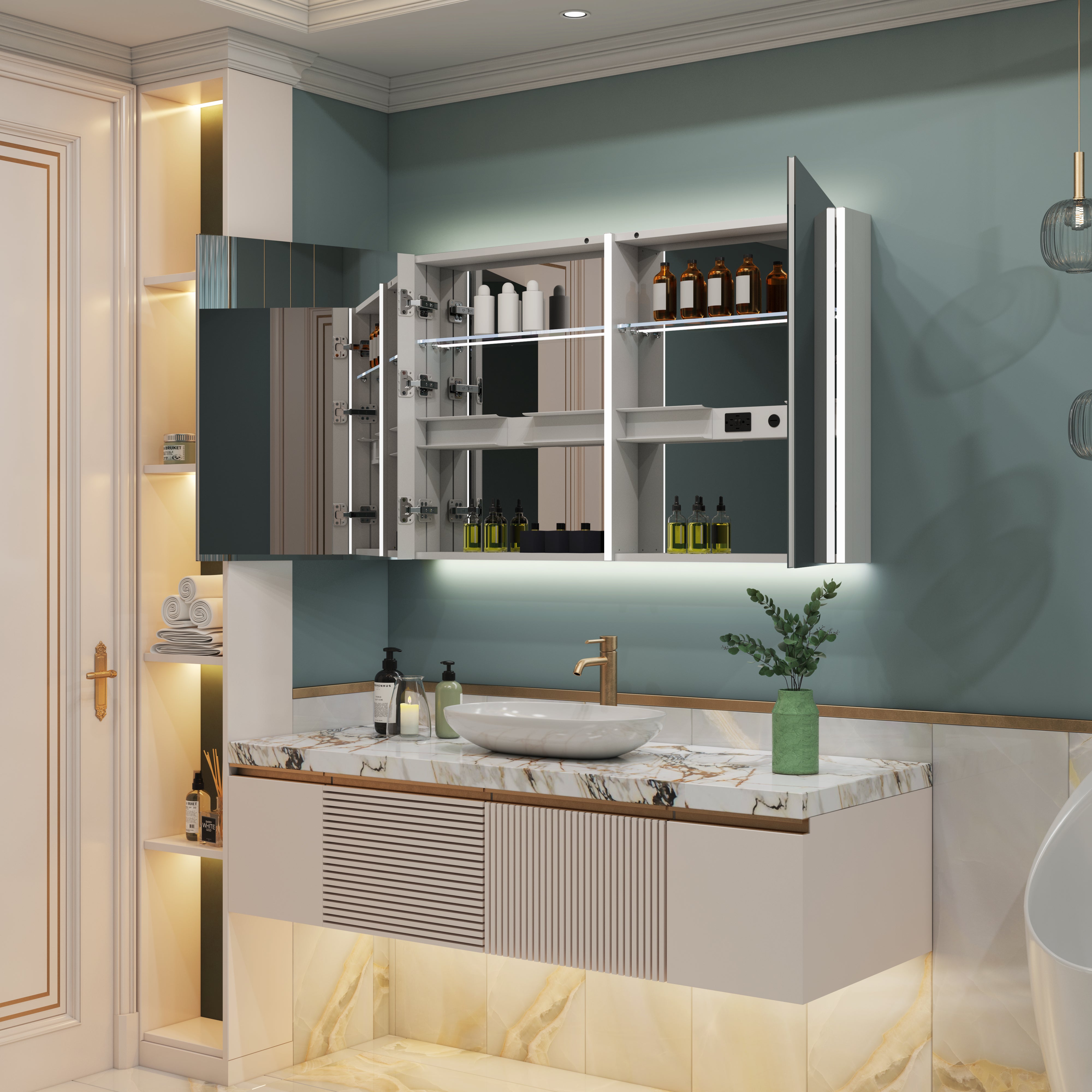 48 in. x 30 in. Lighted LED Fog Free Surface Mount Silver Mirrored Soft Close Medicine Cabinet