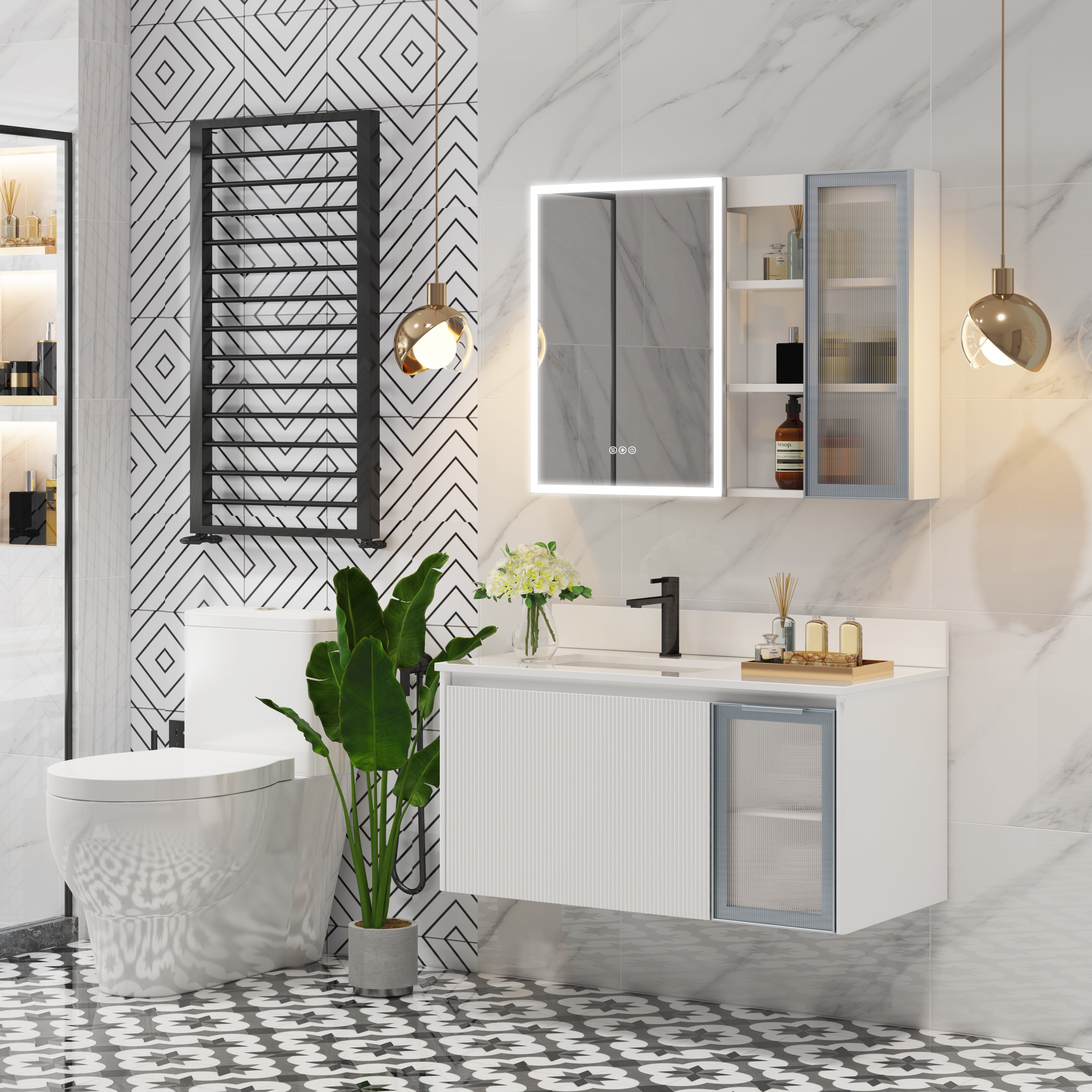 40 in. White Floating Bathroom Vanity with Carrara White Quartz Vanity Top