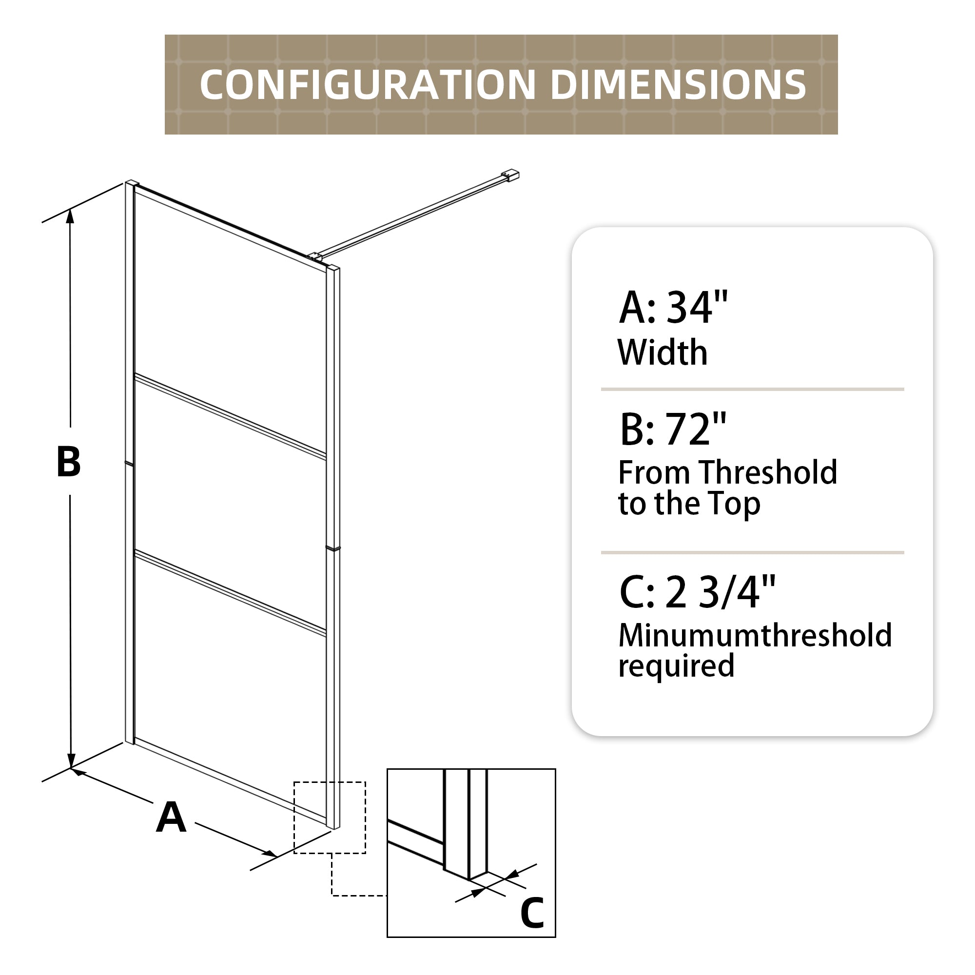 33 5/8-34” x 72” Frosted Tempered Glass Shower Door Panel, Fixed Walk-In Shower Screen with Matte Black Frame