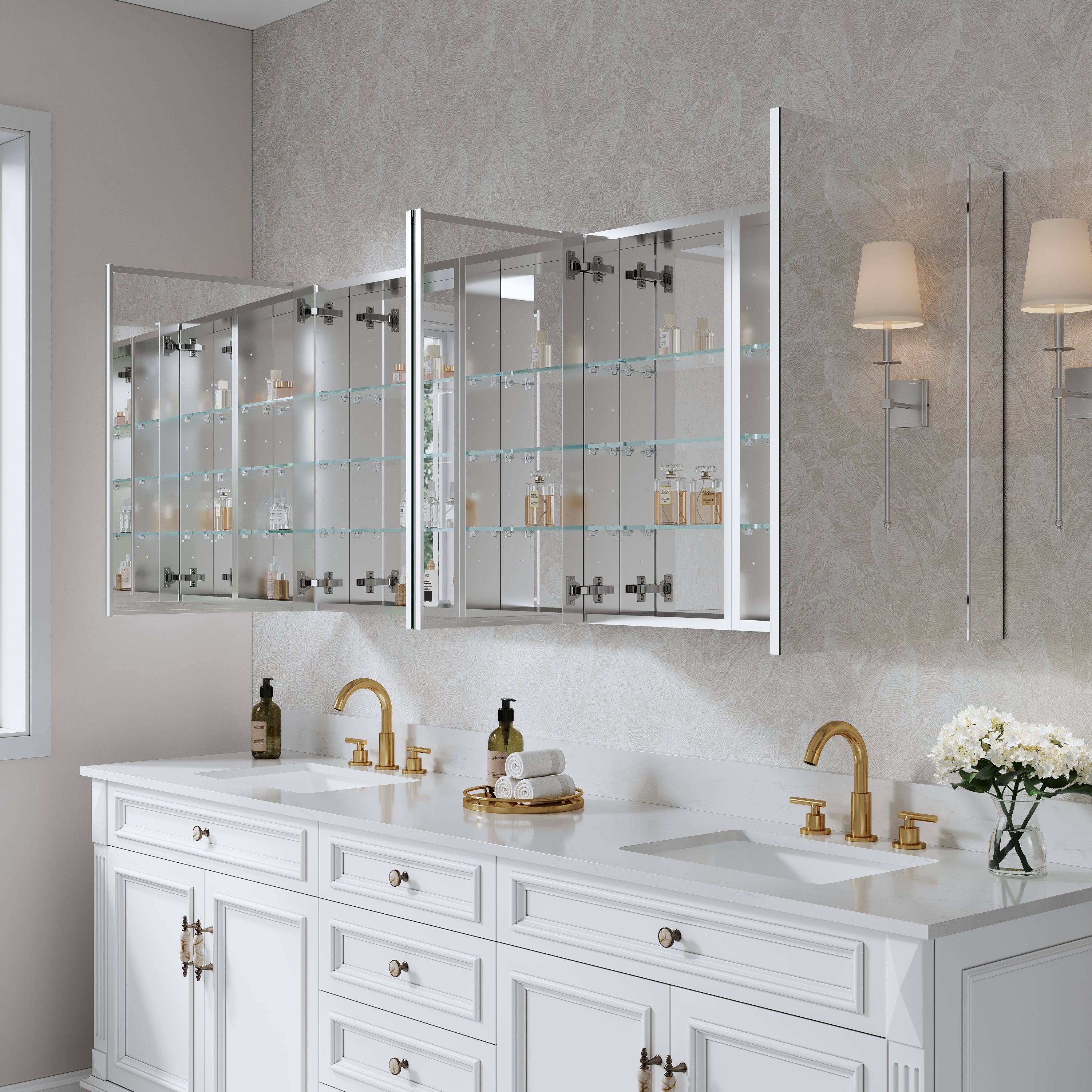 72 in. ×30 in. Copper-Free Tri-Views Mirror Medicine Cabinet with Adjustable Shelves and 4 Swing Doors