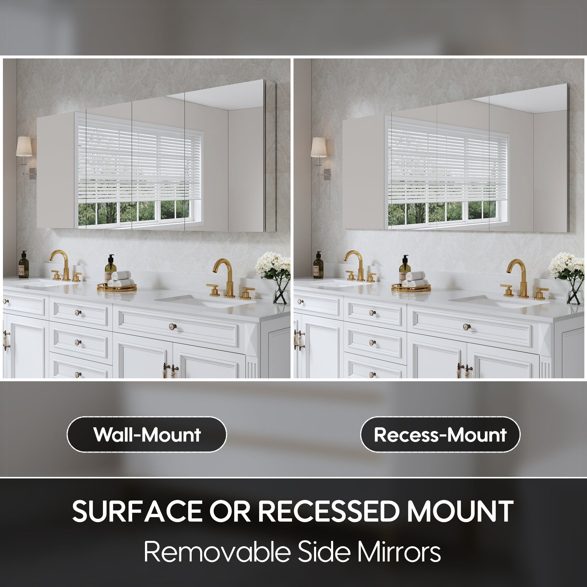 72 in. ×30 in. Copper-Free Tri-Views Mirror Medicine Cabinet with Adjustable Shelves and 4 Swing Doors